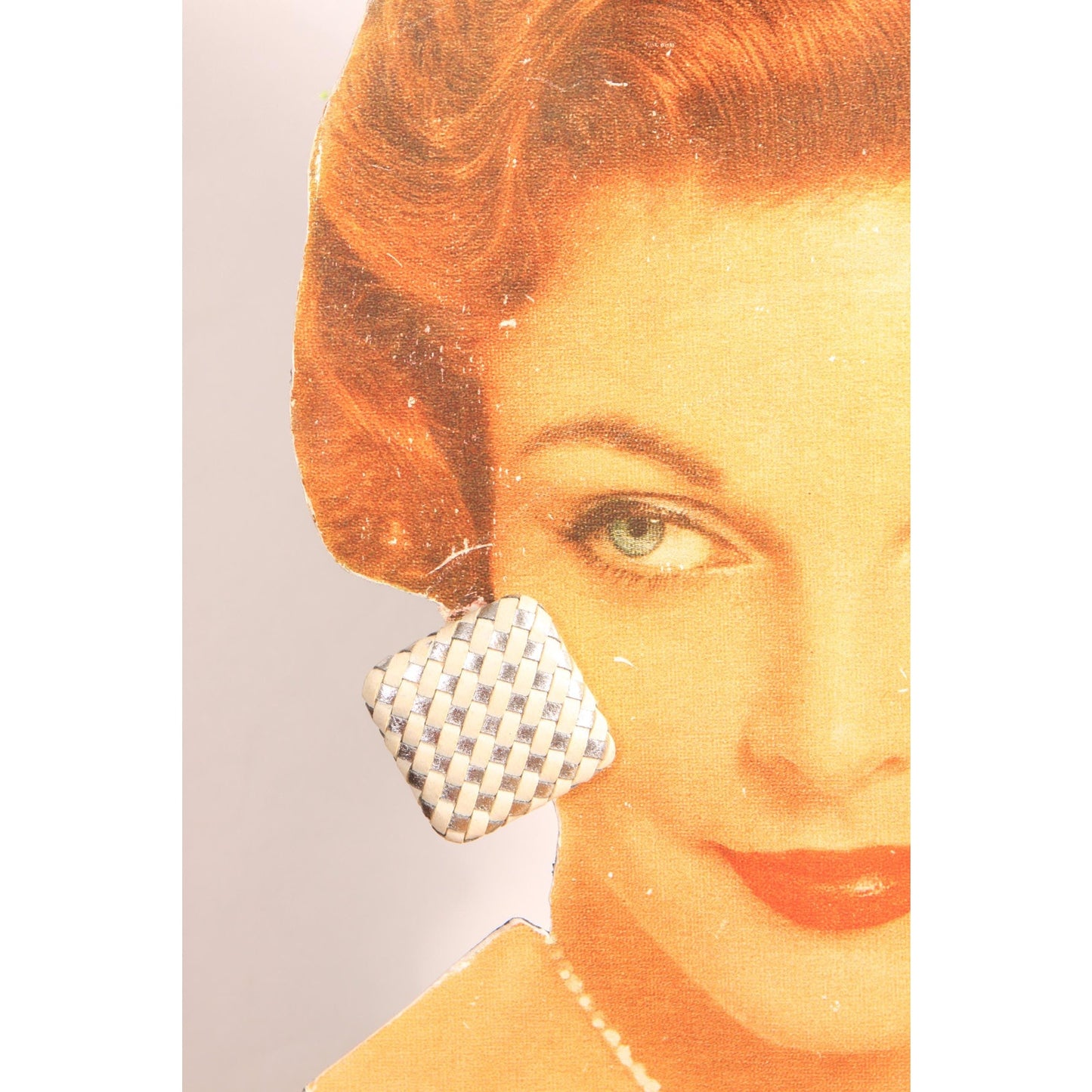 1980s Cream and Silver Leather Woven Oversized Geometric Square Pierced Earrings