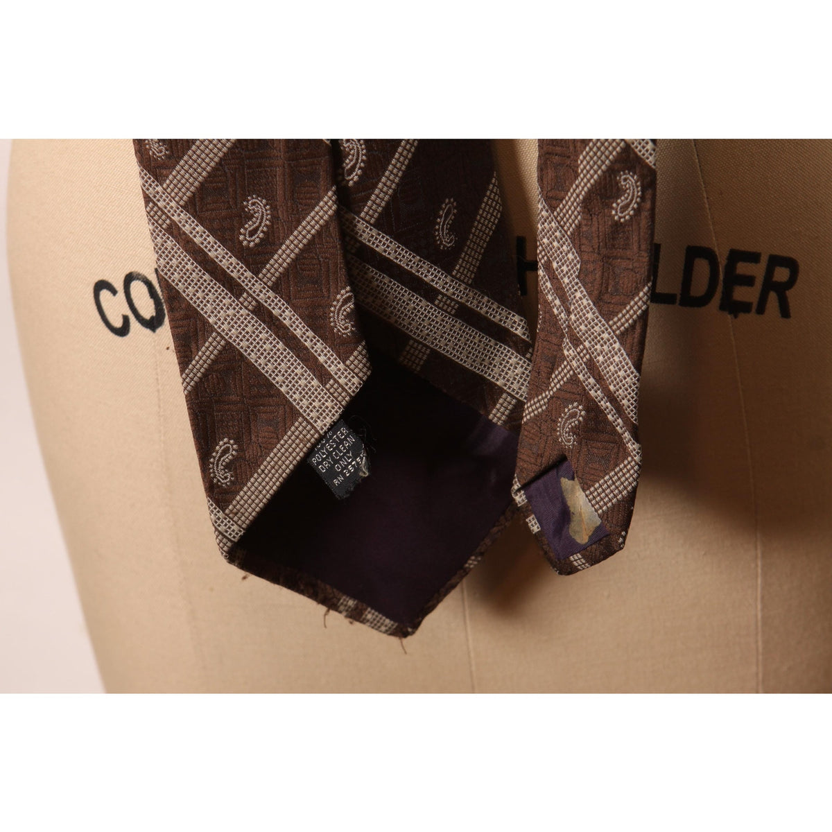 1970s Dark Brown and Tan Plaid and Paisley Wide Necktie Tie by JCPenney