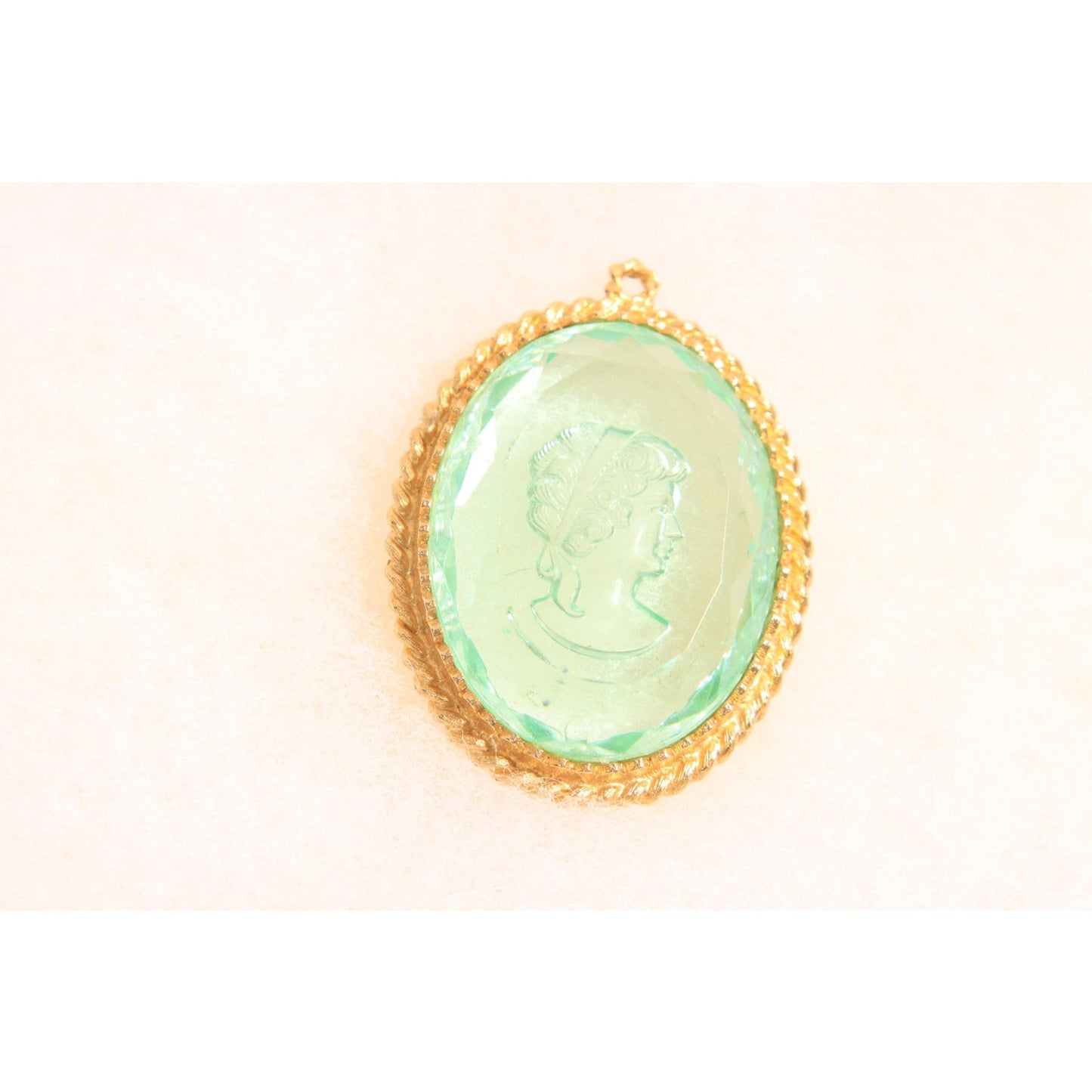 1970s Gold Tone Metal Blue Clear Glass Cameo Etched Glass Necklace Pendant