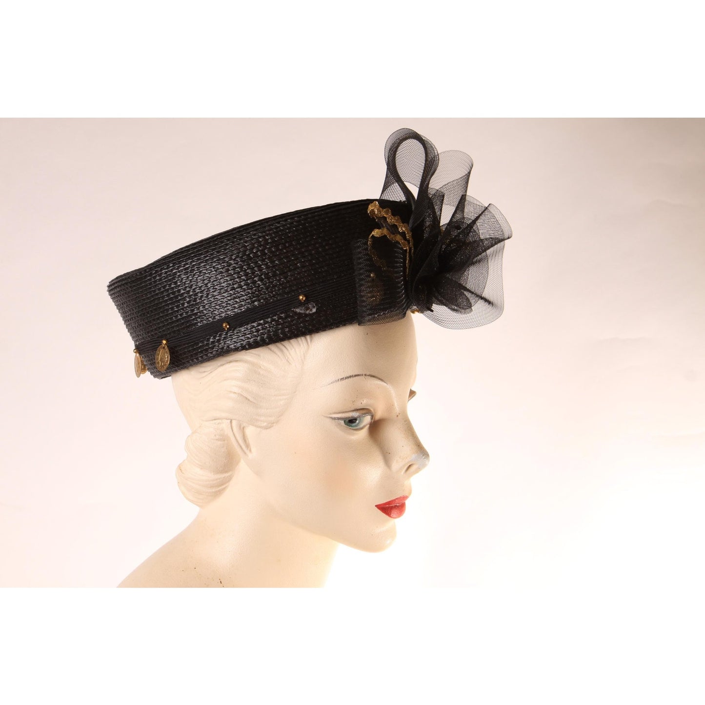 1980s Black and Gold Novelty Coin Avant Garde Pillbox Hat by Ethel Cross