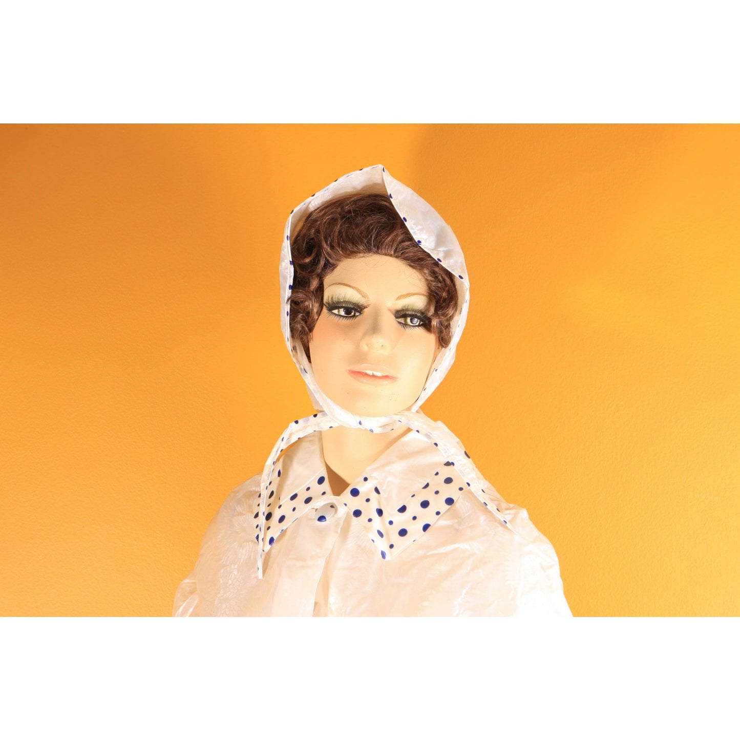 Deadstock 1960s Opaque White and Blue Polka Dot Trim Floral Textured Vinyl Raincoat Cape and Matching Rain Bonnet