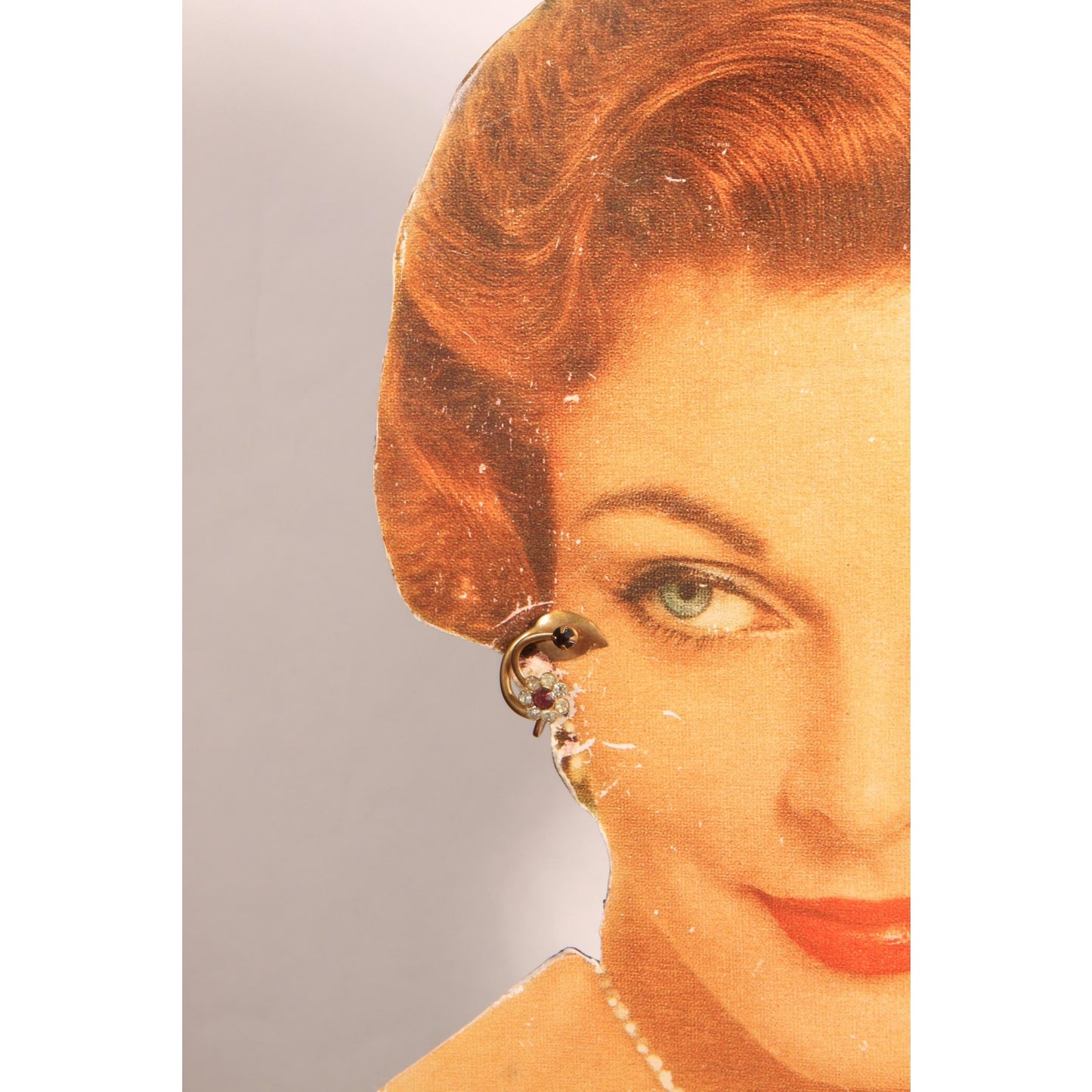 1950s Gold Tone Metal Swirl Floral Leaf Faux Diamond and Red Stone Screw Back Earrings