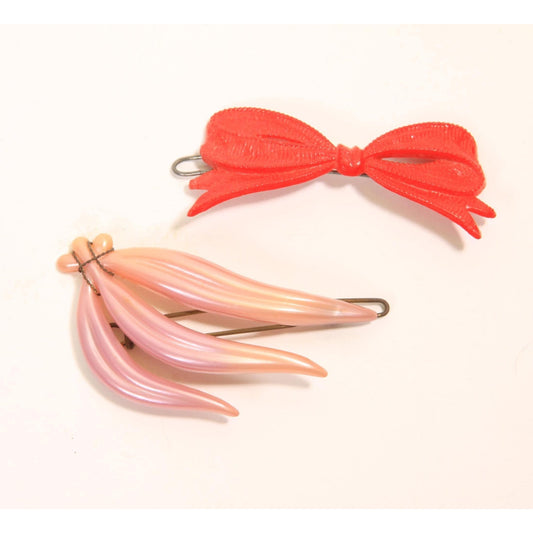 1940s 1950s Novelty Red Plastic Bow and Pink Leaf Hair Barrette Clip