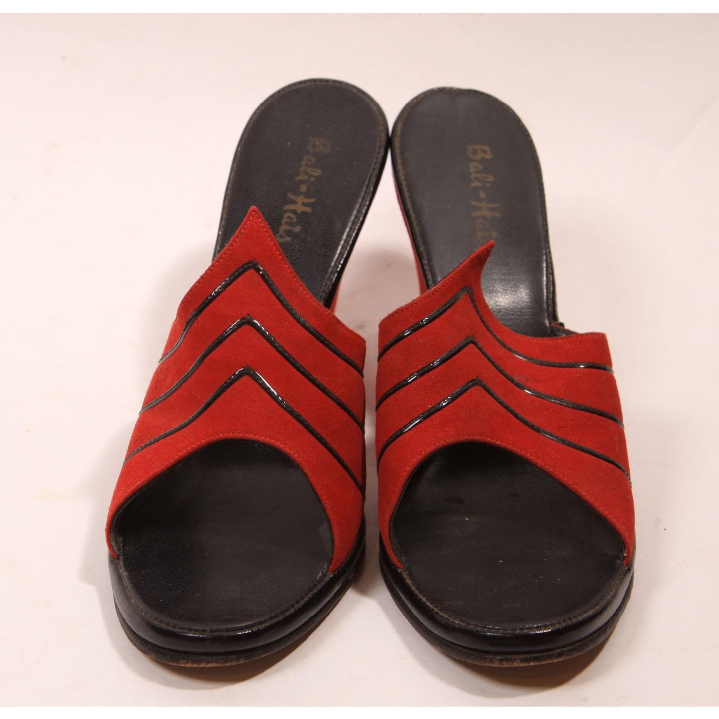 1950s Red and Black High Heel Wedge Slip On Boudoir Heels Slippers by Bali-Hais