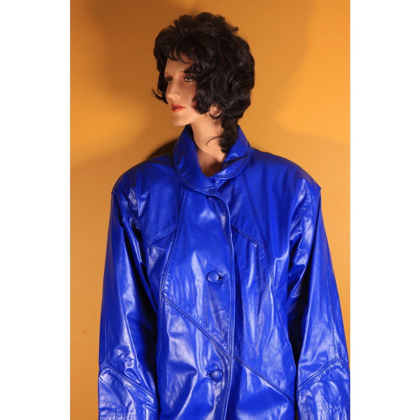 1980s Bright Blue Leather Button Down Long Sleeve Coat by Comint Leather -S