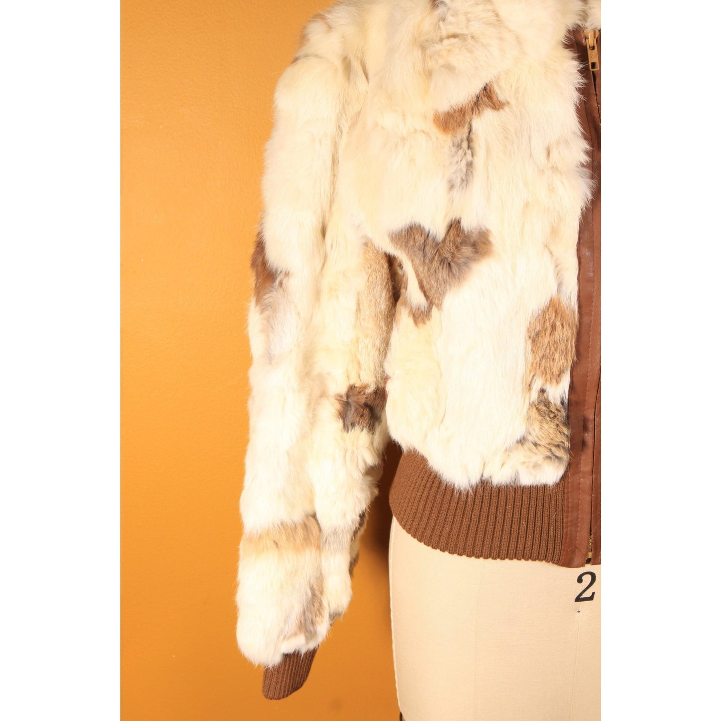 1970s White, Cream, Gray and Brown Multi-Colored Patchwork Rabbit Fur Cropped Coat -S