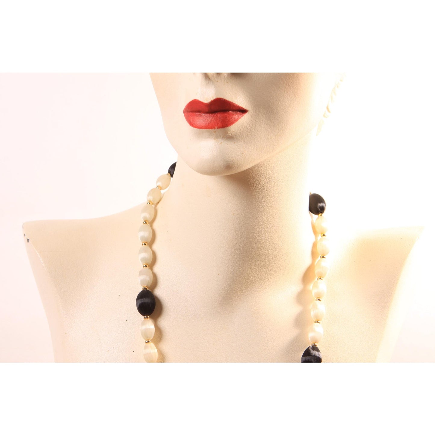 1960s White, Black and Gold Tone Metal Satin Circle Beaded Necklace
