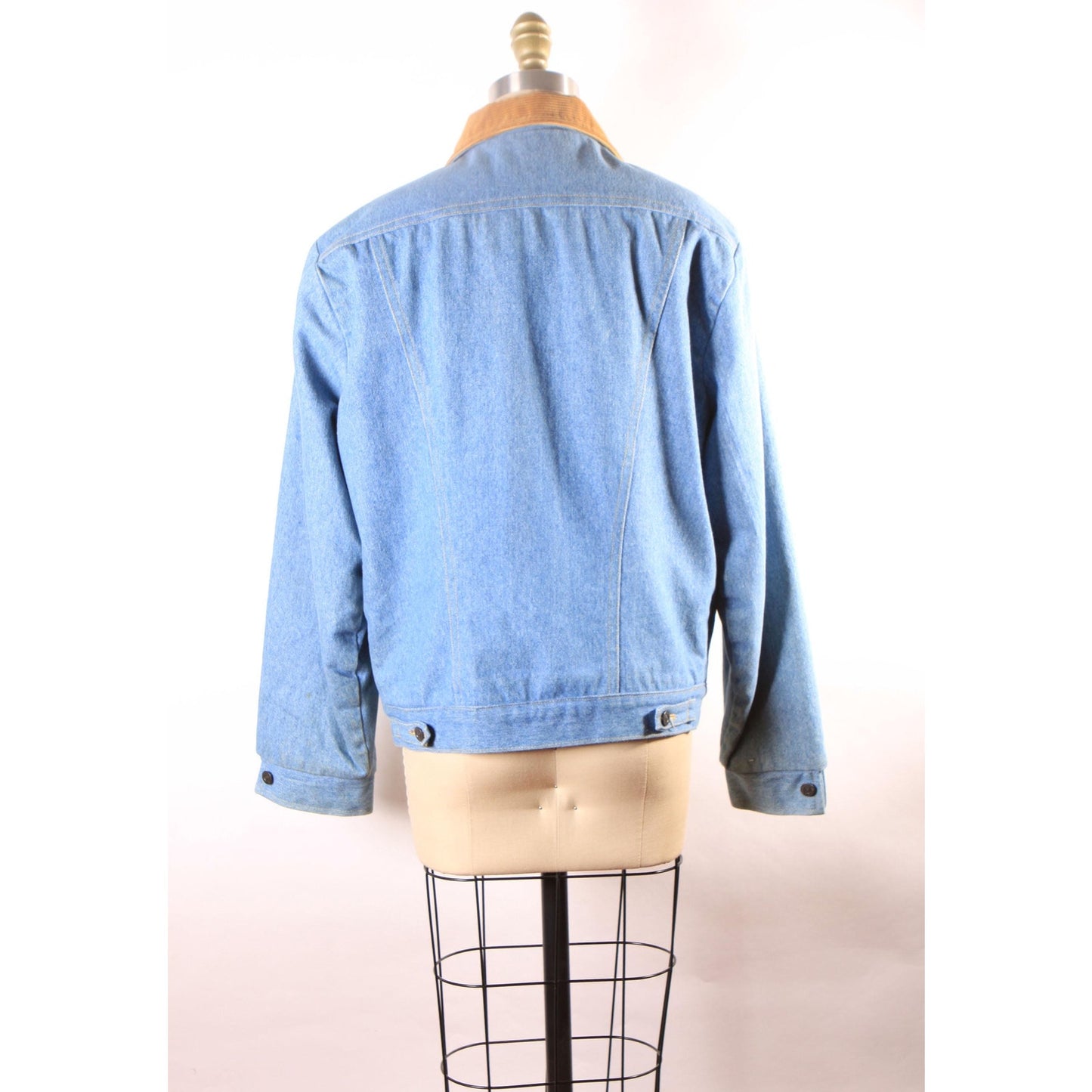 1970s Blue Denim Metal Snap Corduroy Trim Faux Fur Lined Western Work Wear Western Chore Coat by Wrangler -L
