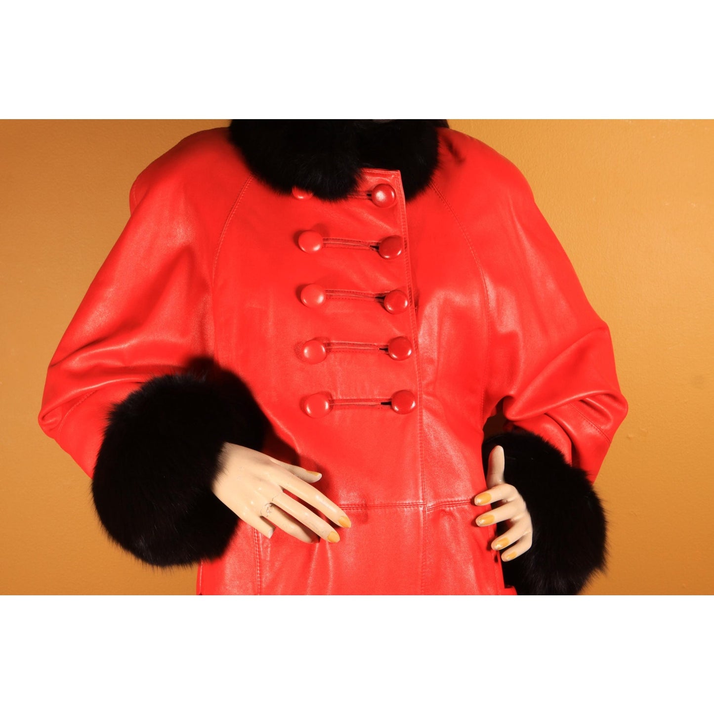 1980s Red Leather and Black Fox Fur Trim Long Sleeve Coat by McDaniel's -XL