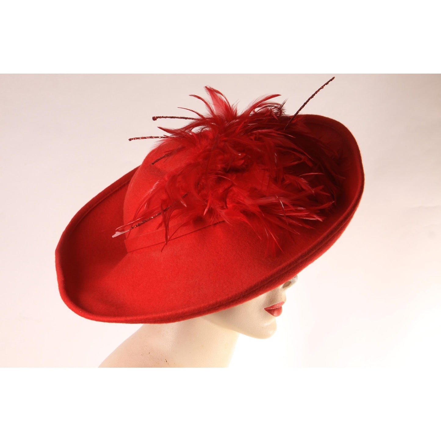 1980s Red Wool Felt Wide Brim Glitter and Feather Avant Garde Formal Hat by Deborah Fashions