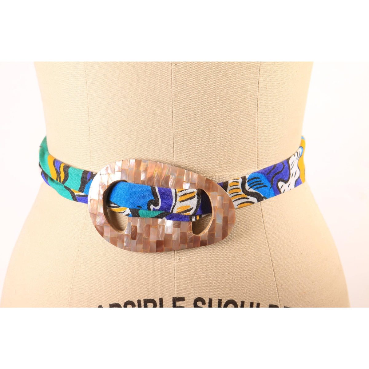 1980s Multi-Colored Fabric and Mother of Pearl Slider Belt