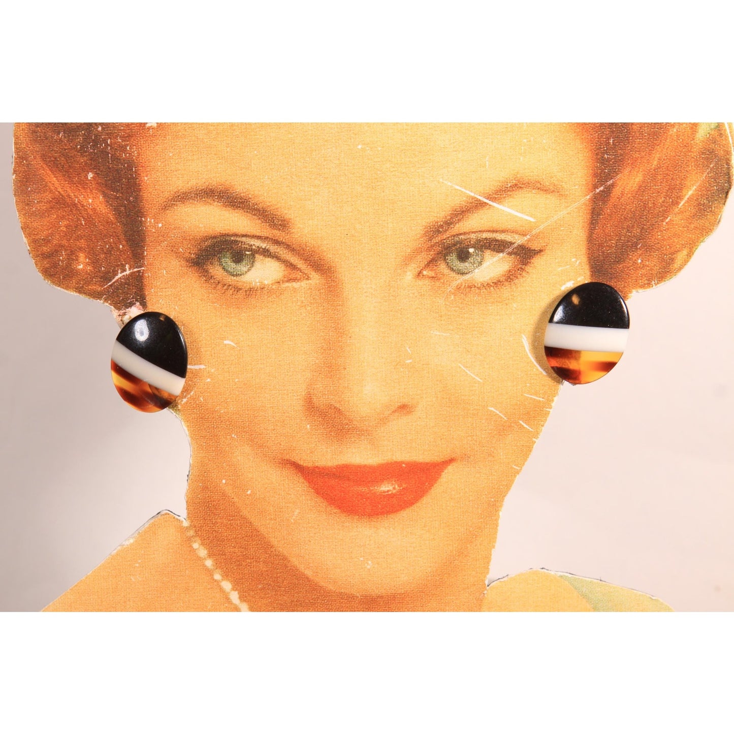 1980s Black, White and Brown Striped Plastic Stud Pierced Earrings