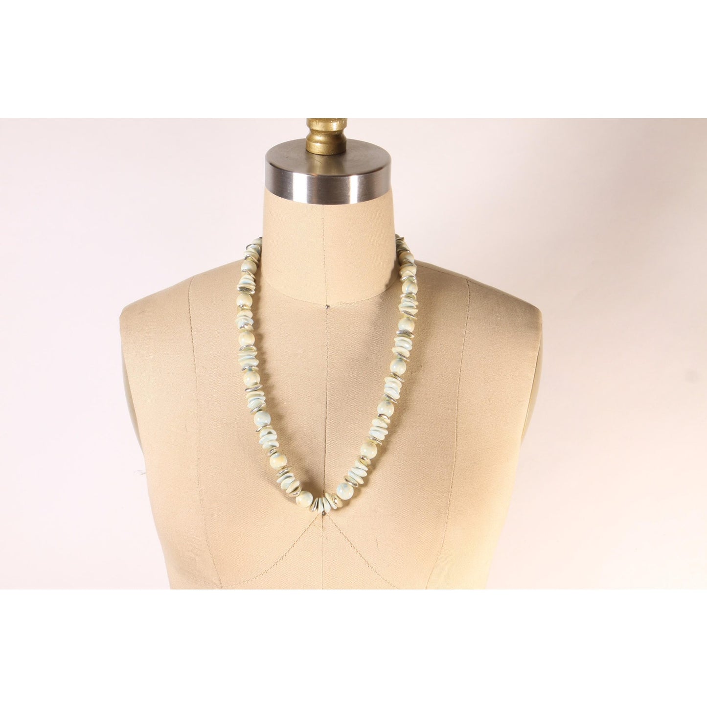 1980s Mint Blue, White and Silver Swirl Beaded Necklace