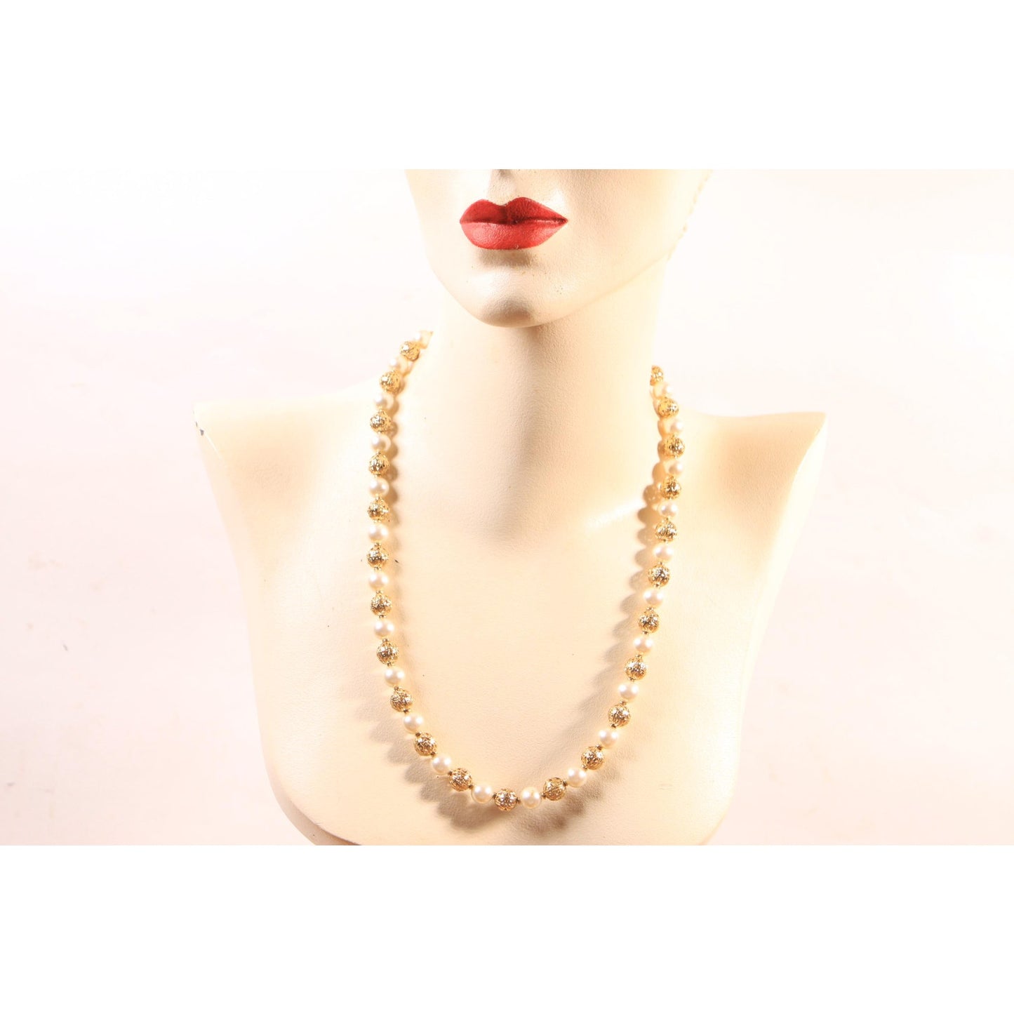 1960s Faux Pearl and Gold Tone Metal Beaded Necklace by Napier