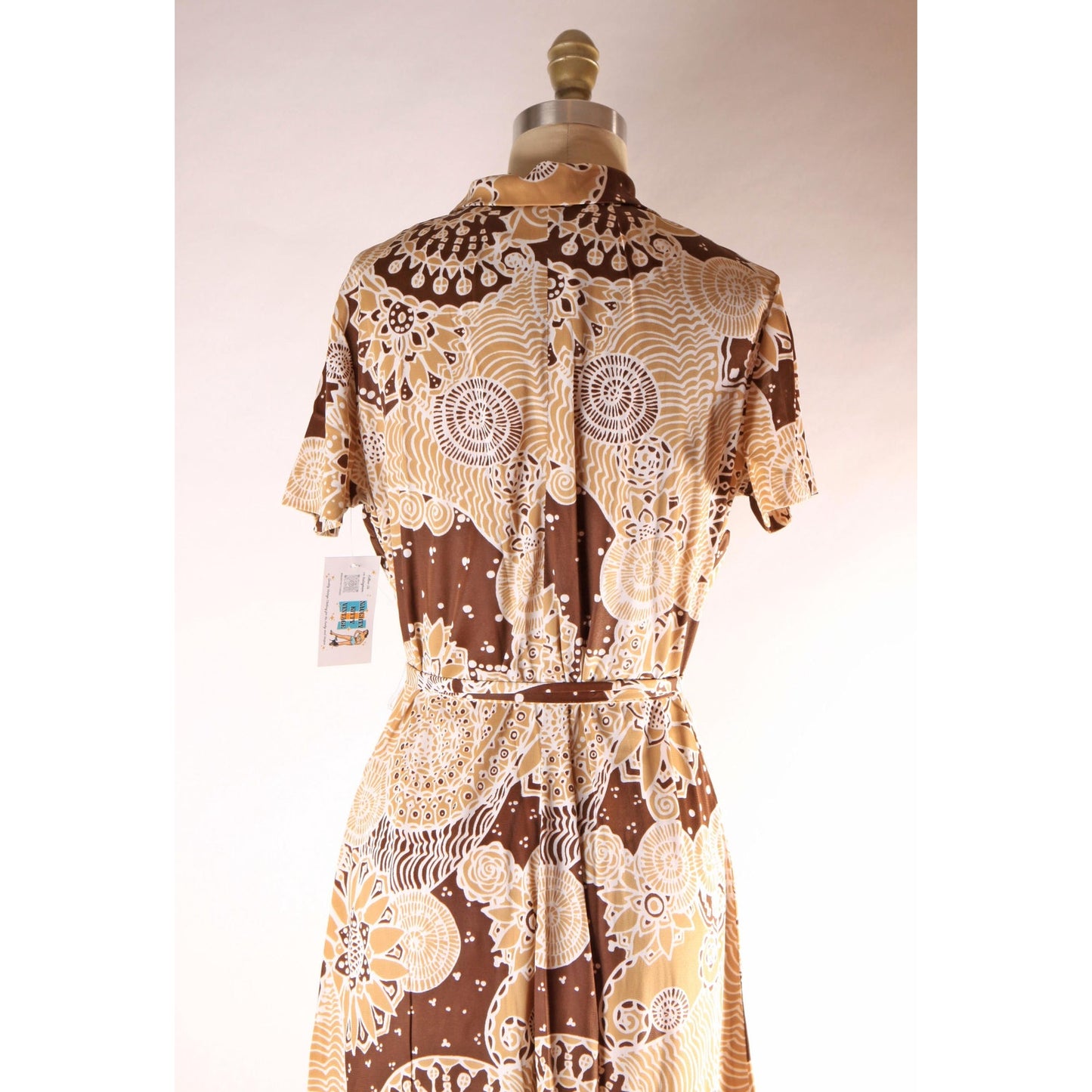 1960s Brown and Tan Psychedelic Abstract Swirl Short Sleeve Belted Dress -XL