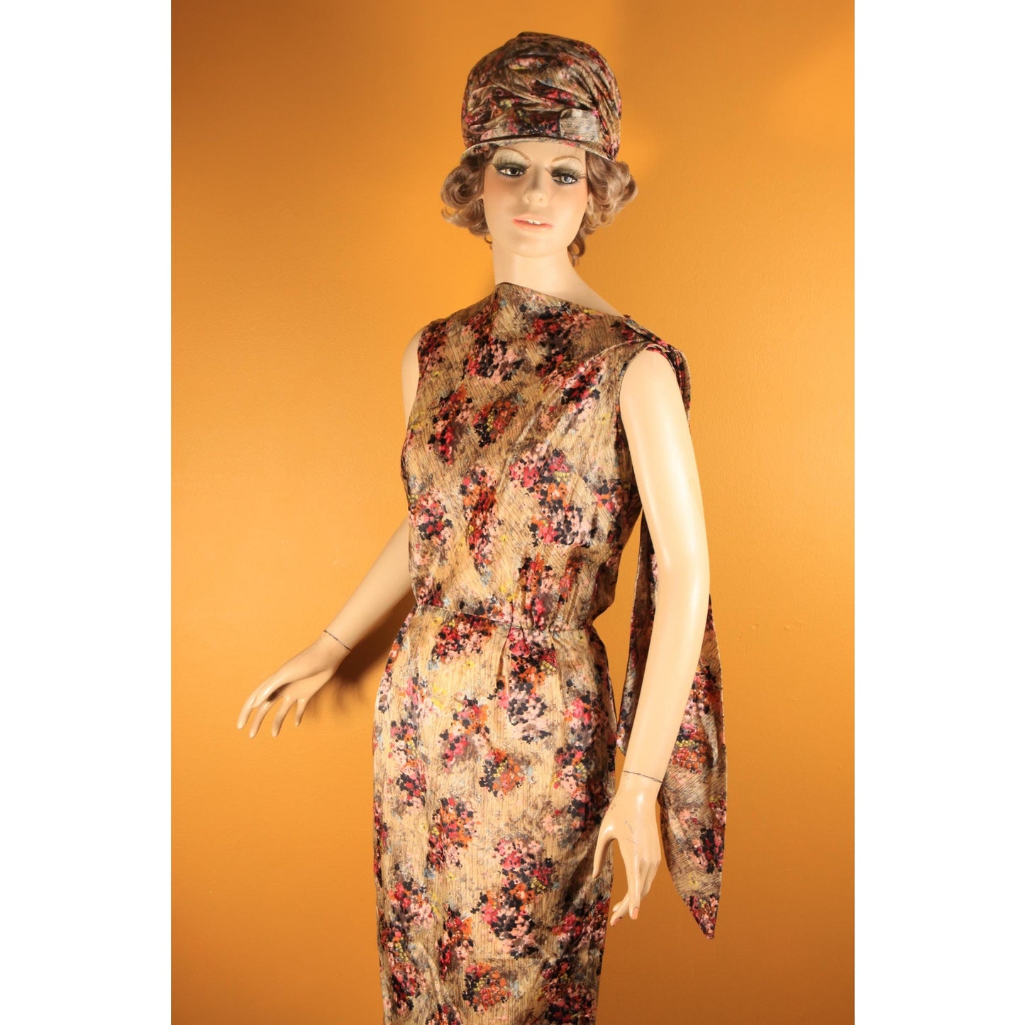 1950s Gray and Purple Floral Waterfall Sash Wiggle Dress with Matching Jacket and Hat Three Piece Outfit by Letizia Fuhr -S