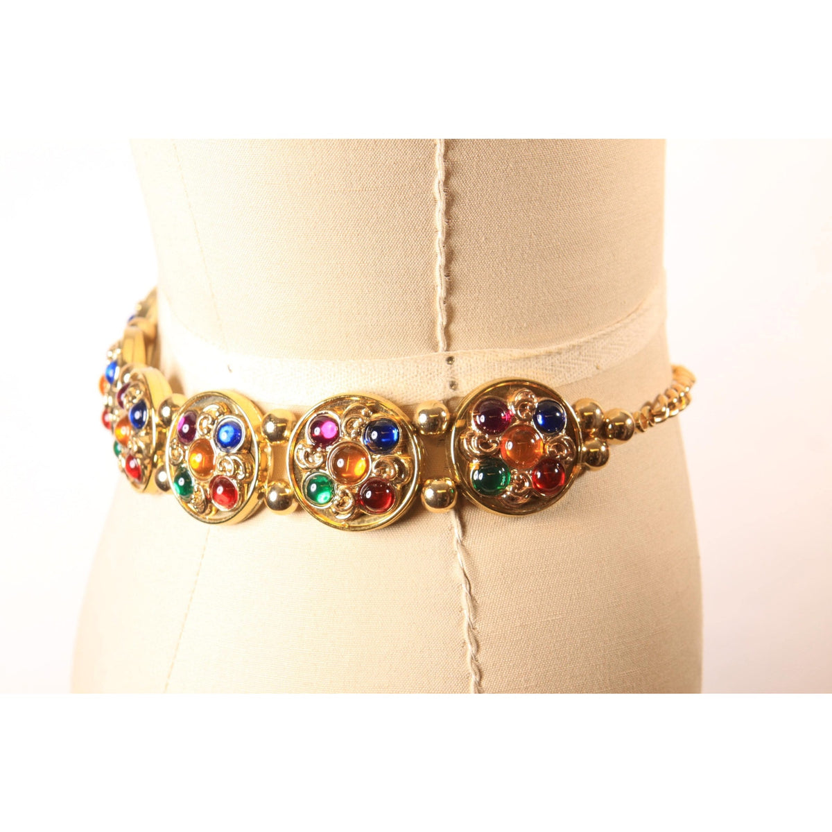 1980s Gold Tone Plastic and Metal Multi-Colored Bedazzled Gemstone Style Chain Belt
