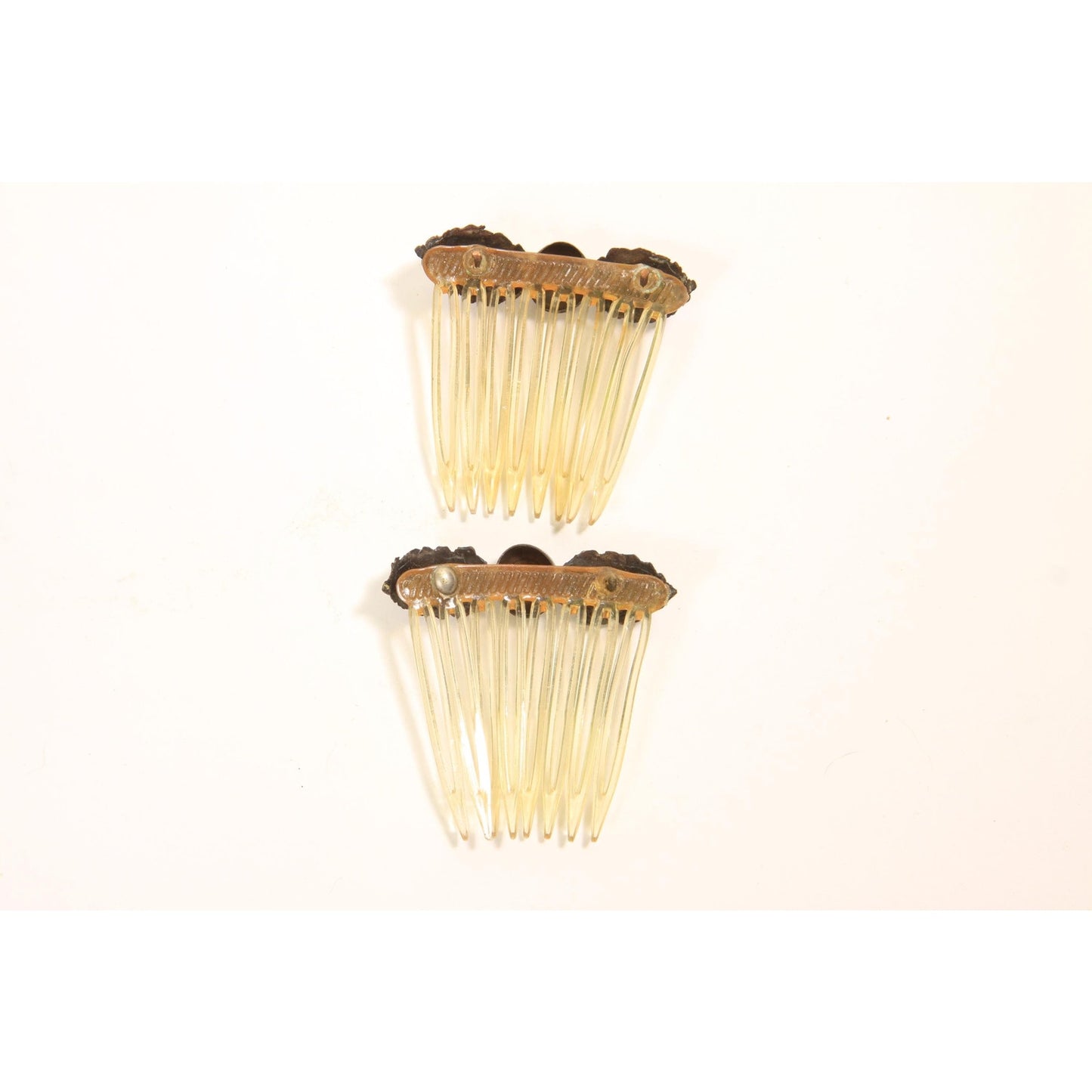 1920s 1930s Silver Leaf Metal and Plastic Set of 2 Hair Combs