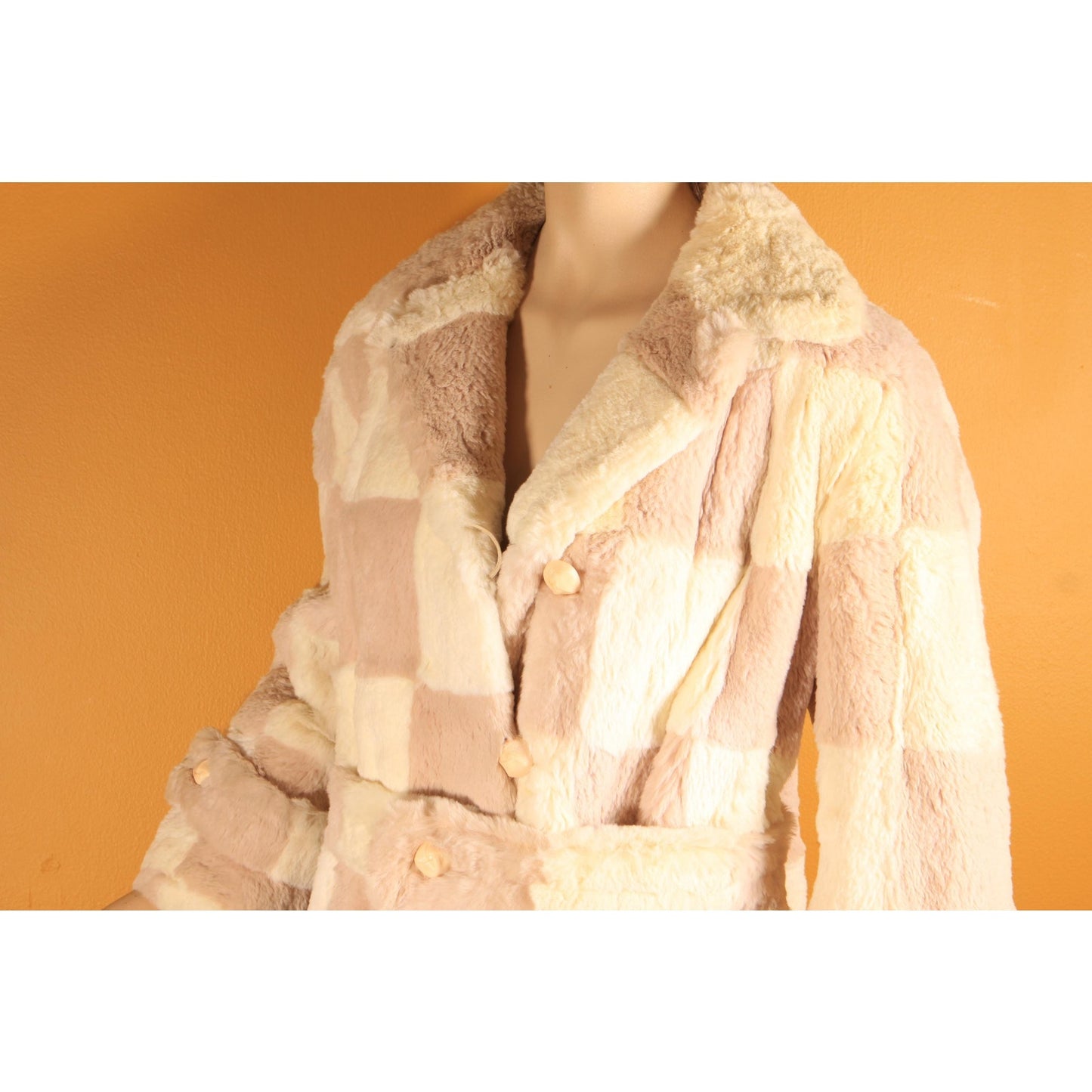 1960s Light Pink and White Sheared Dyed Chinchilla Fur Checkerboard Mod Belted Coat by Famous Barr -M-L