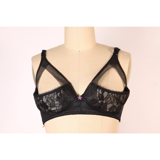 1970s Black Open Cup Sheer Floral Lace Trim Pink Star Detail Shelf Bra by Fredericks of Hollywood-38