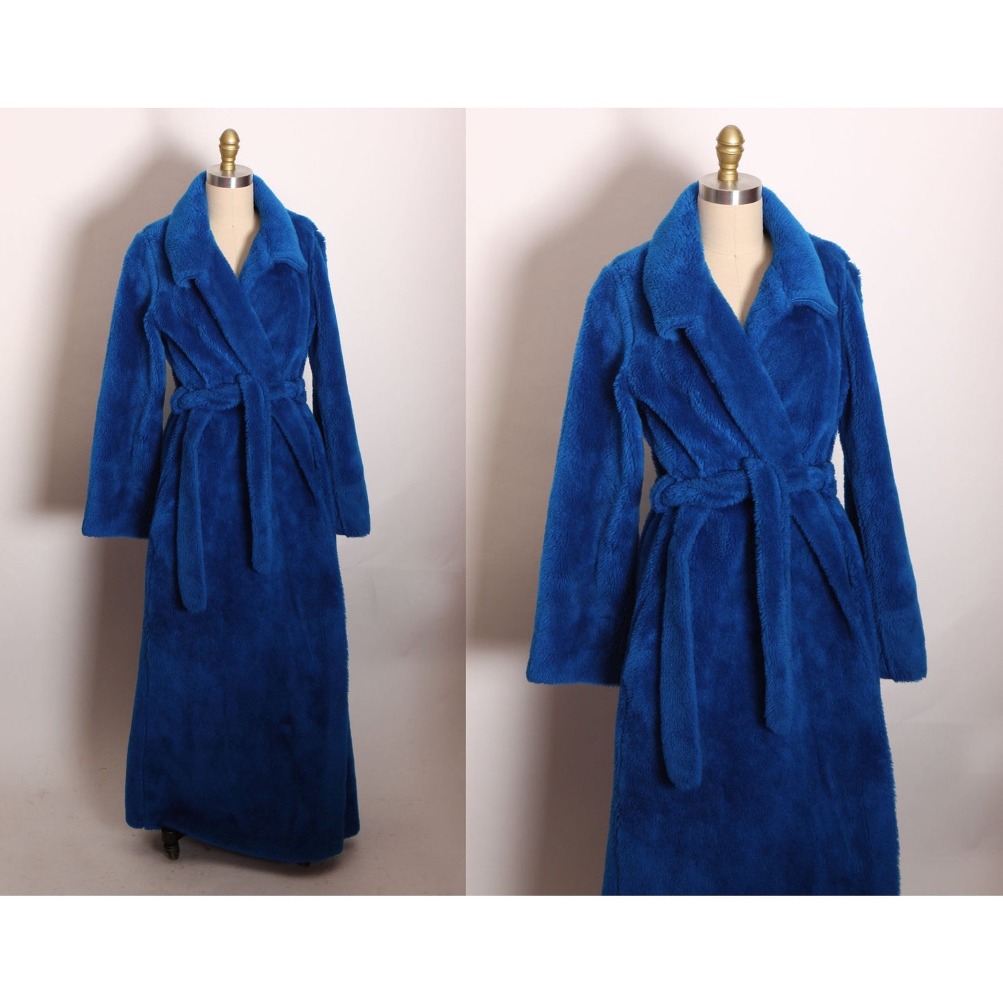 1970s Blue Fuzzy Faux Fur Look Long Sleeve Full Length Robe -M-L