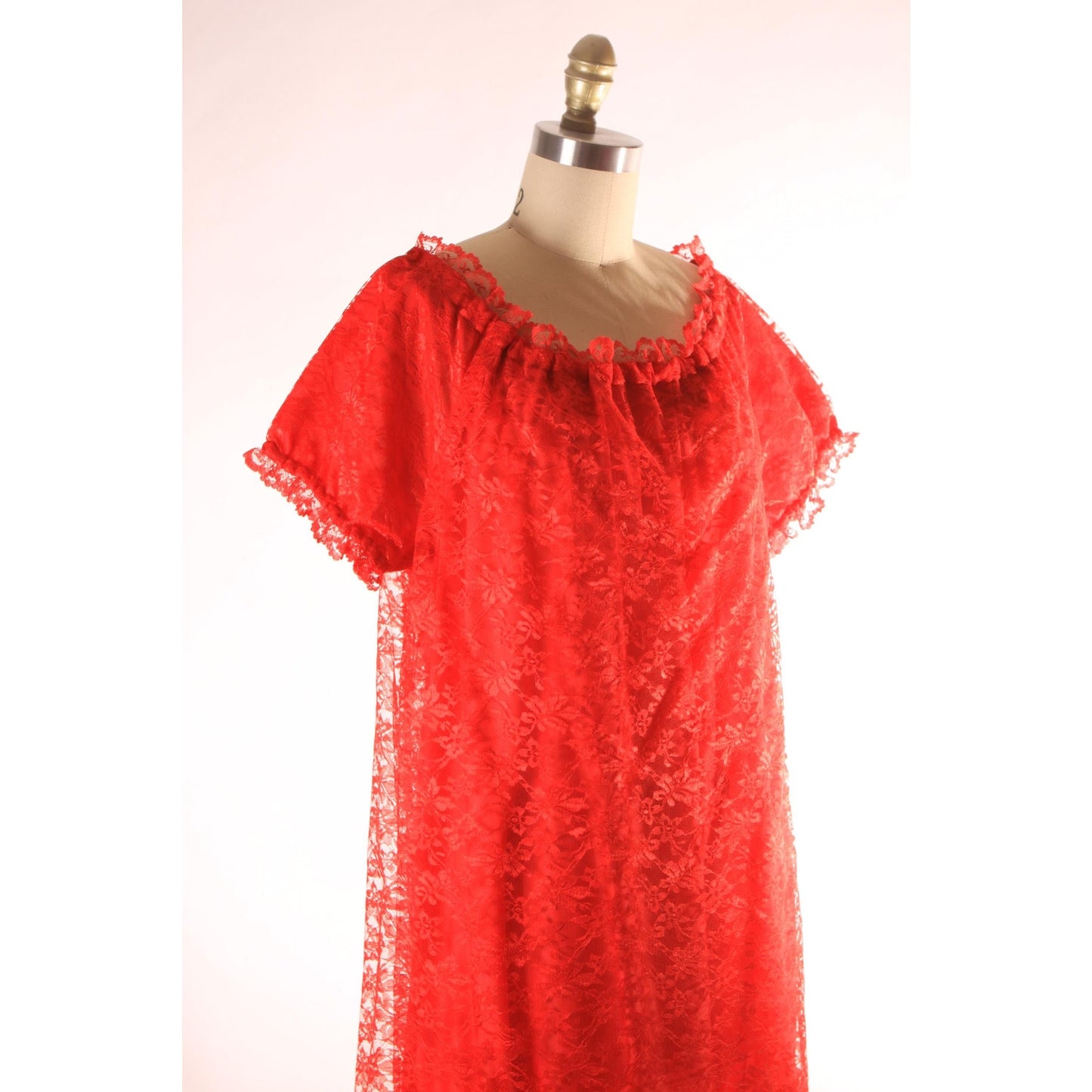 1960s 1970s Sheer Red Lace Overlay Short Sleeve Off the Shoulder Lingerie Night Gown -2XL