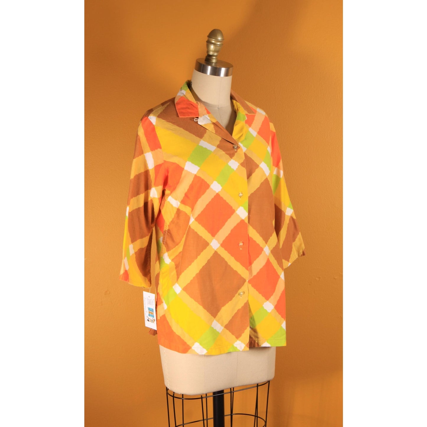 1960s Yellow, Orange, Green and Brown Plaid 3/4 Length Sleeve Button Down Blouse by MLM -L-XL