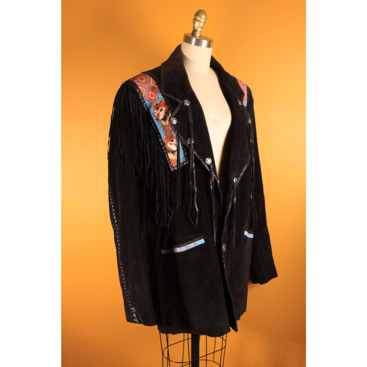 1980s Black Suede Leather Star Embellishments Novelty Beaded Wolf Fox Blue and Red Fringe Mens Western Coat by Diamond Leathers