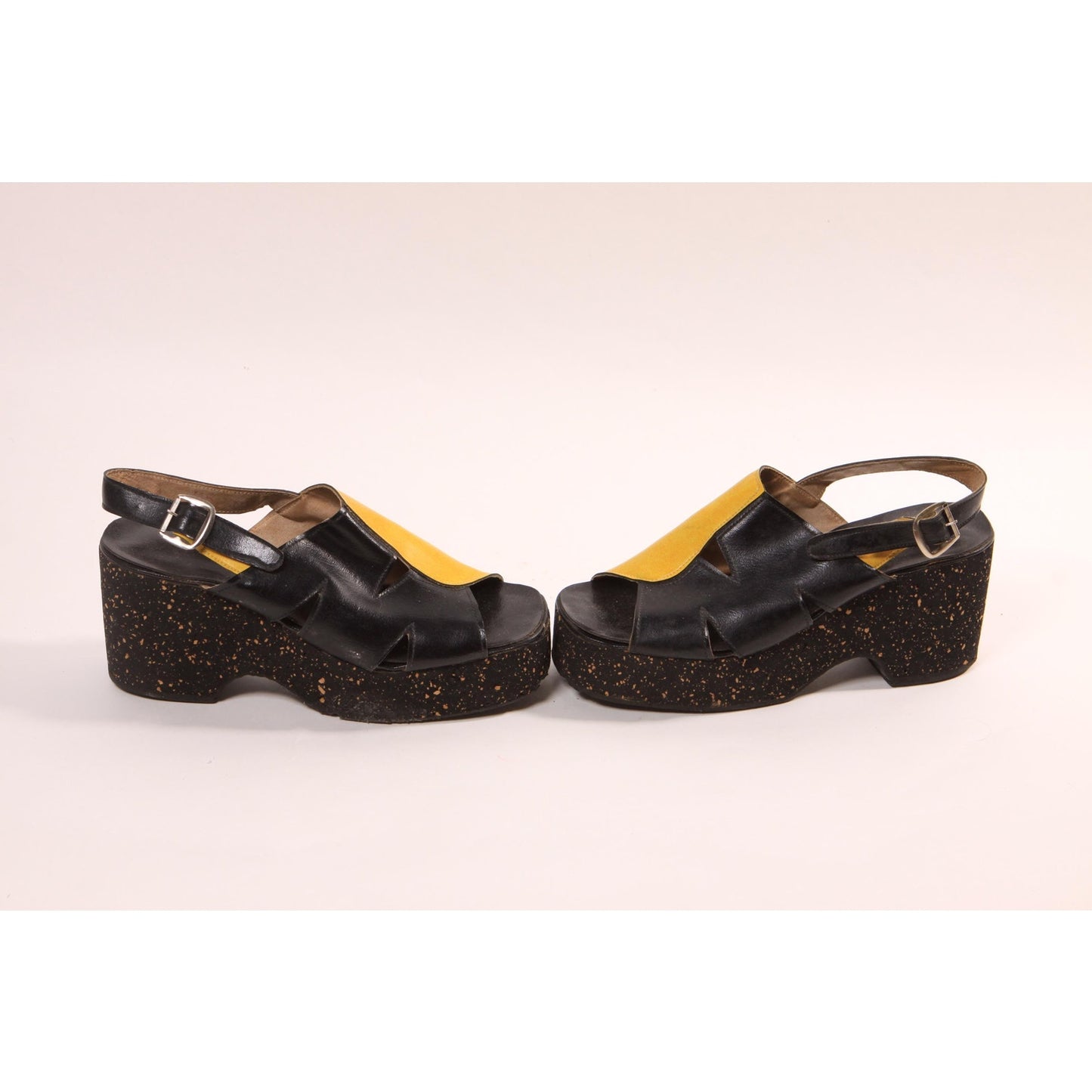 Late 1970s Early 1980s Black and Yellow Splatter Paint Platform High Heel Sandals