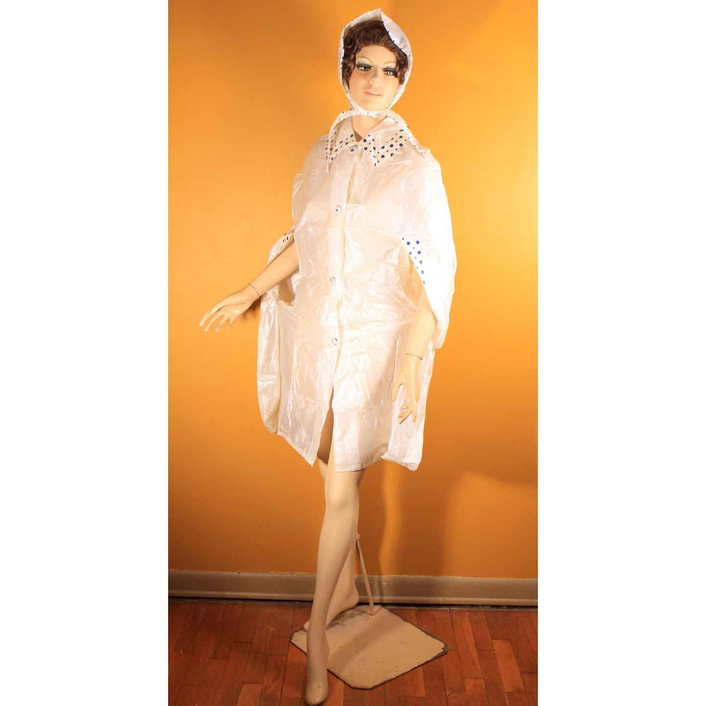 Deadstock 1960s Opaque White and Blue Polka Dot Trim Floral Textured Vinyl Raincoat Cape and Matching Rain Bonnet