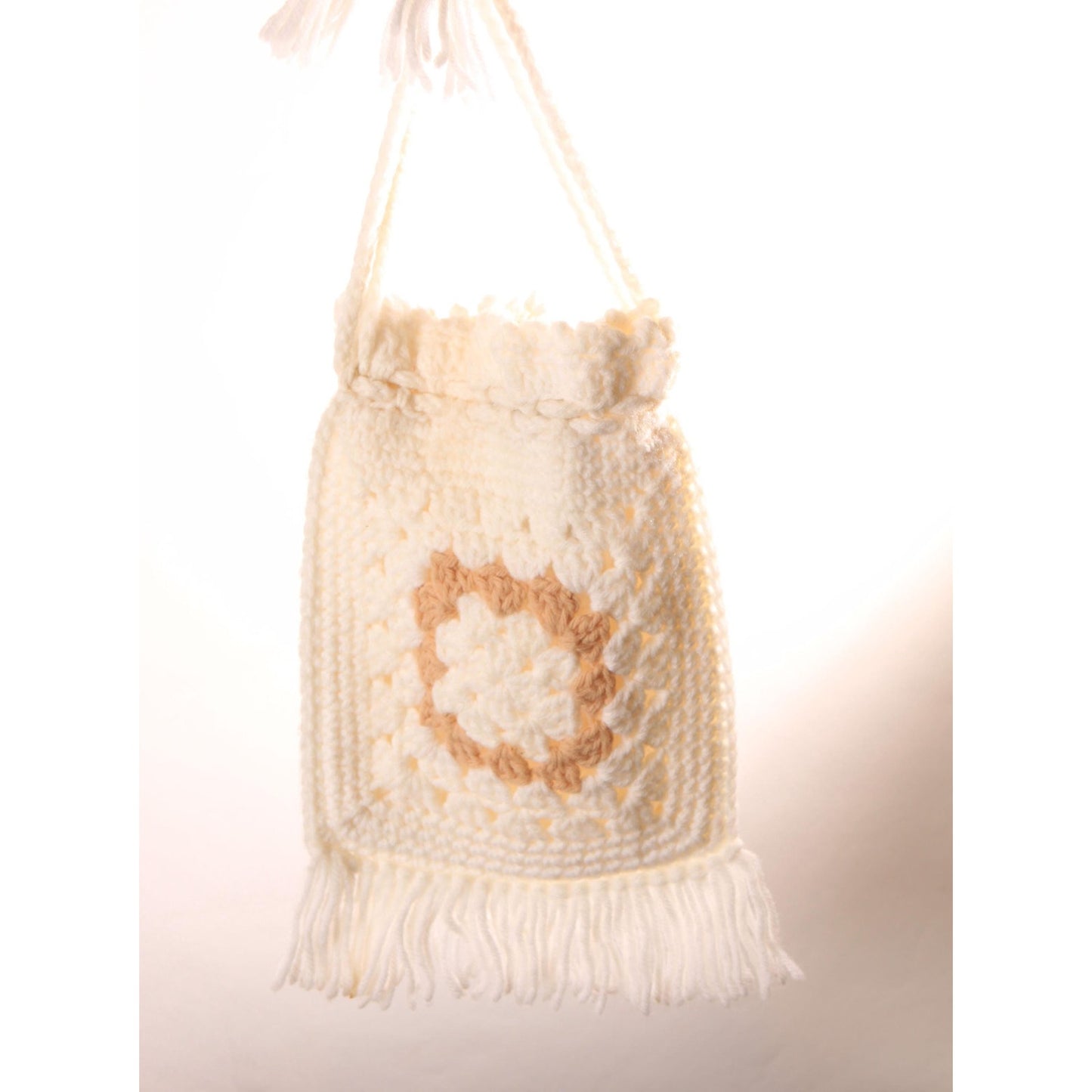 1970s White and Tan Granny Square Crochet Drawstring Fringe Purse Bag