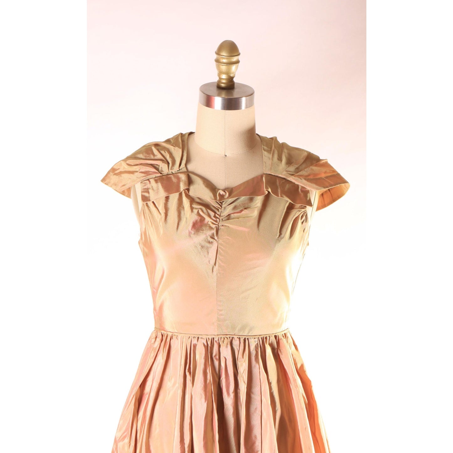 1940s Bronze Brown and Green Sharkskin Acetate Sleeveless Attached Wrap Full Length Formal Prom Dress -XS