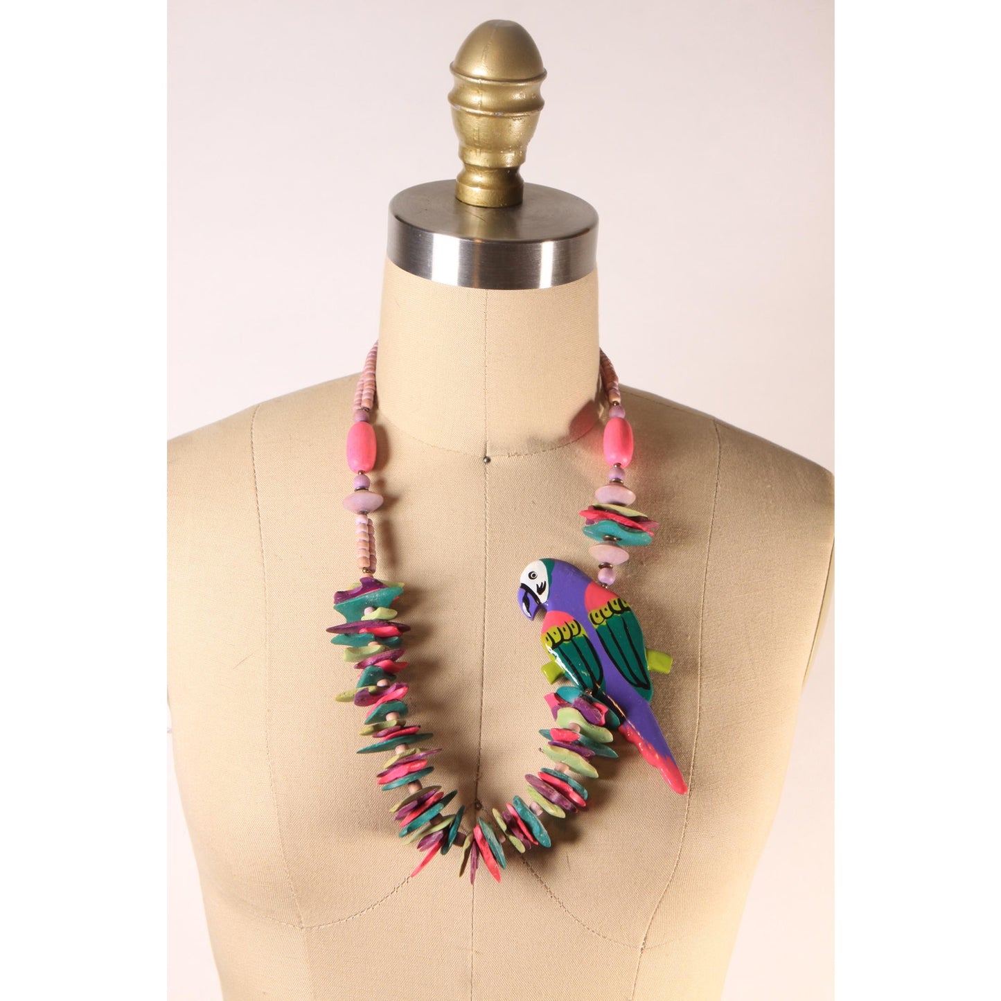 1980s Novelty Multi-Colored Wood Carved Beaded Parrot Necklace