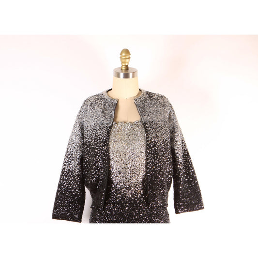 1950s Black and Silver Ombre Fade Metallic Sequin Bombshell Wiggle Dress with Matching Cropped Bolero Jacket by Gene Shelly -M