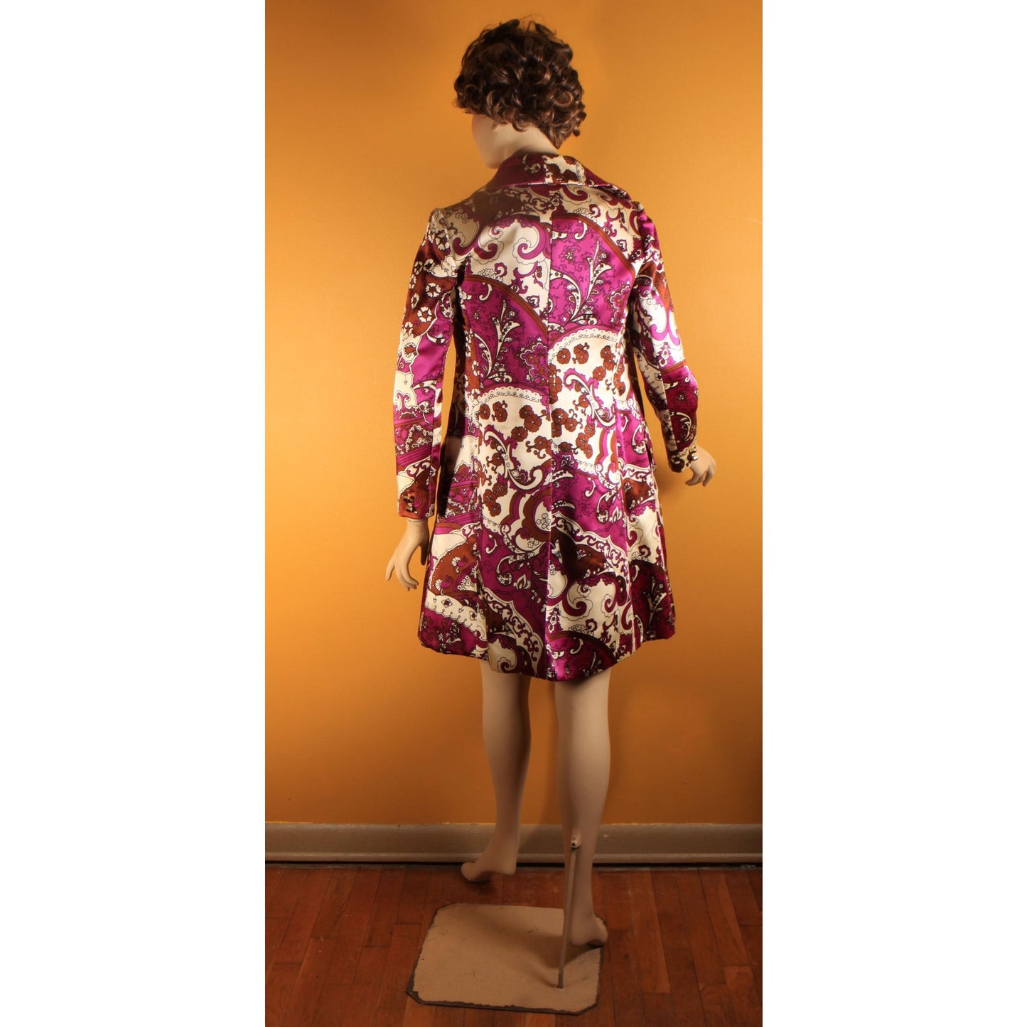 1960s Purple, White, Black Brown Psychedelic Swirl Sleeveless Belted Dress with Matching Long Sleeve Jacket Two Piece Outfit by Leo Narducci
