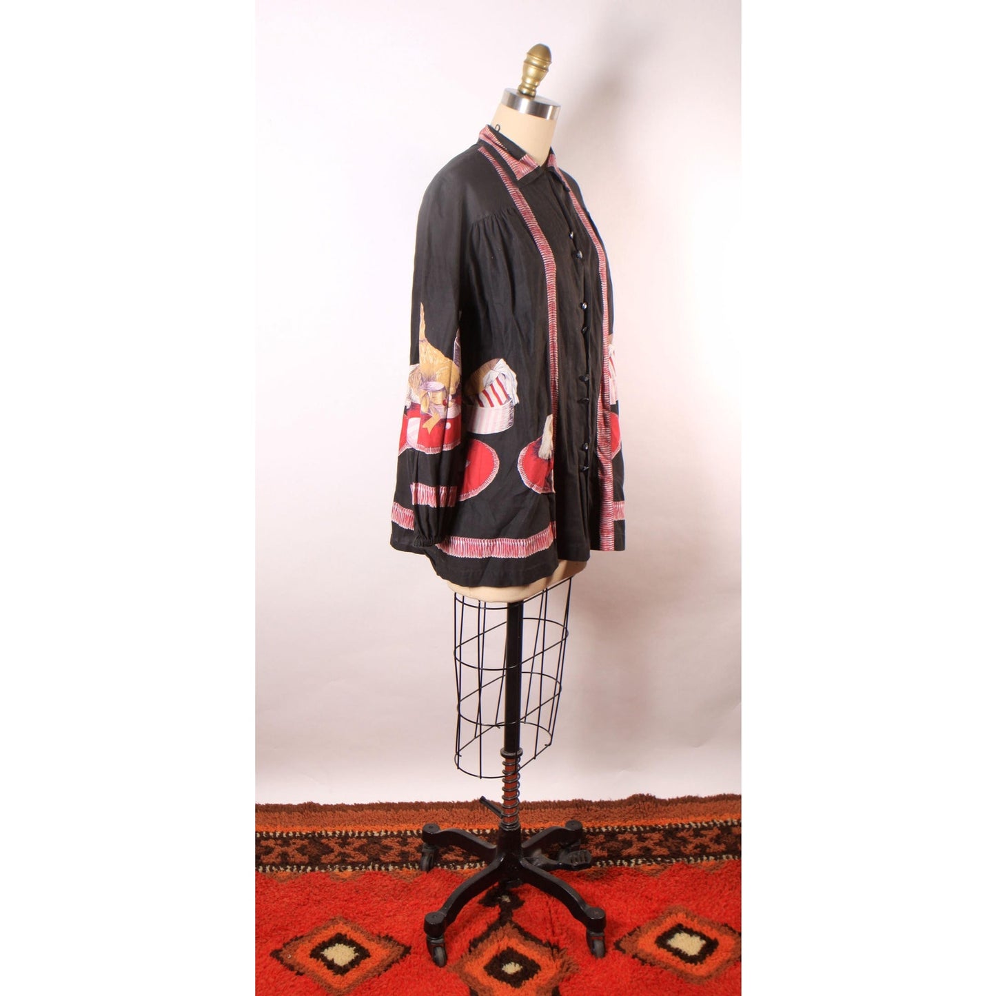 1950s Novelty Puppies and Presents Black Long Sleeve John Wolf Print Blouse Smock Top -XL