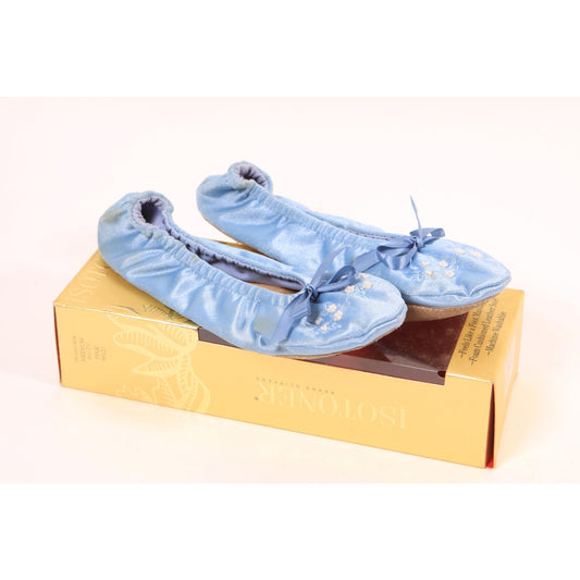 1980s 1990s Blue and White Faux Pearl Slippers by Isotoners-Size Medium 6 1/2-7 1/2