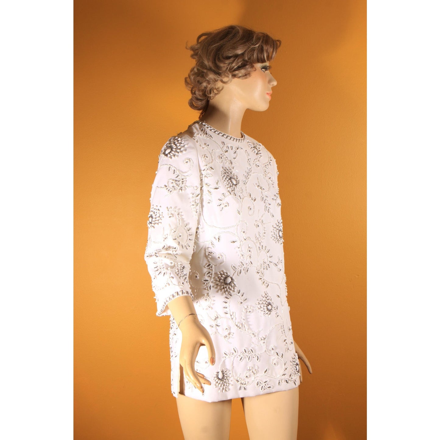1960s White Heavily Beaded Floral Swirl 3/4 Length Sleeve Tunic Mini Dress by Cavanagh's Virgin Islands