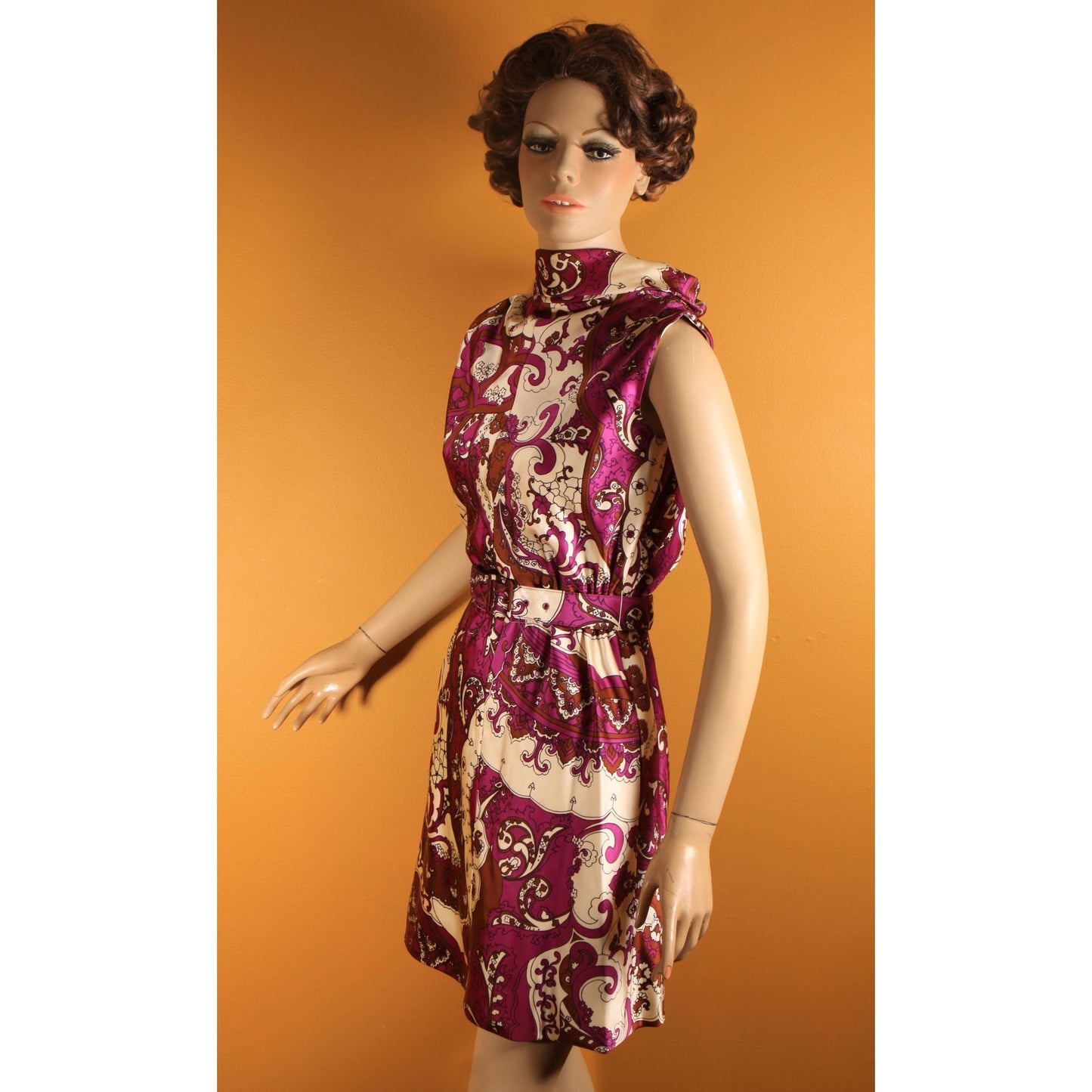 1960s Purple, White, Black Brown Psychedelic Swirl Sleeveless Belted Dress with Matching Long Sleeve Jacket Two Piece Outfit by Leo Narducci
