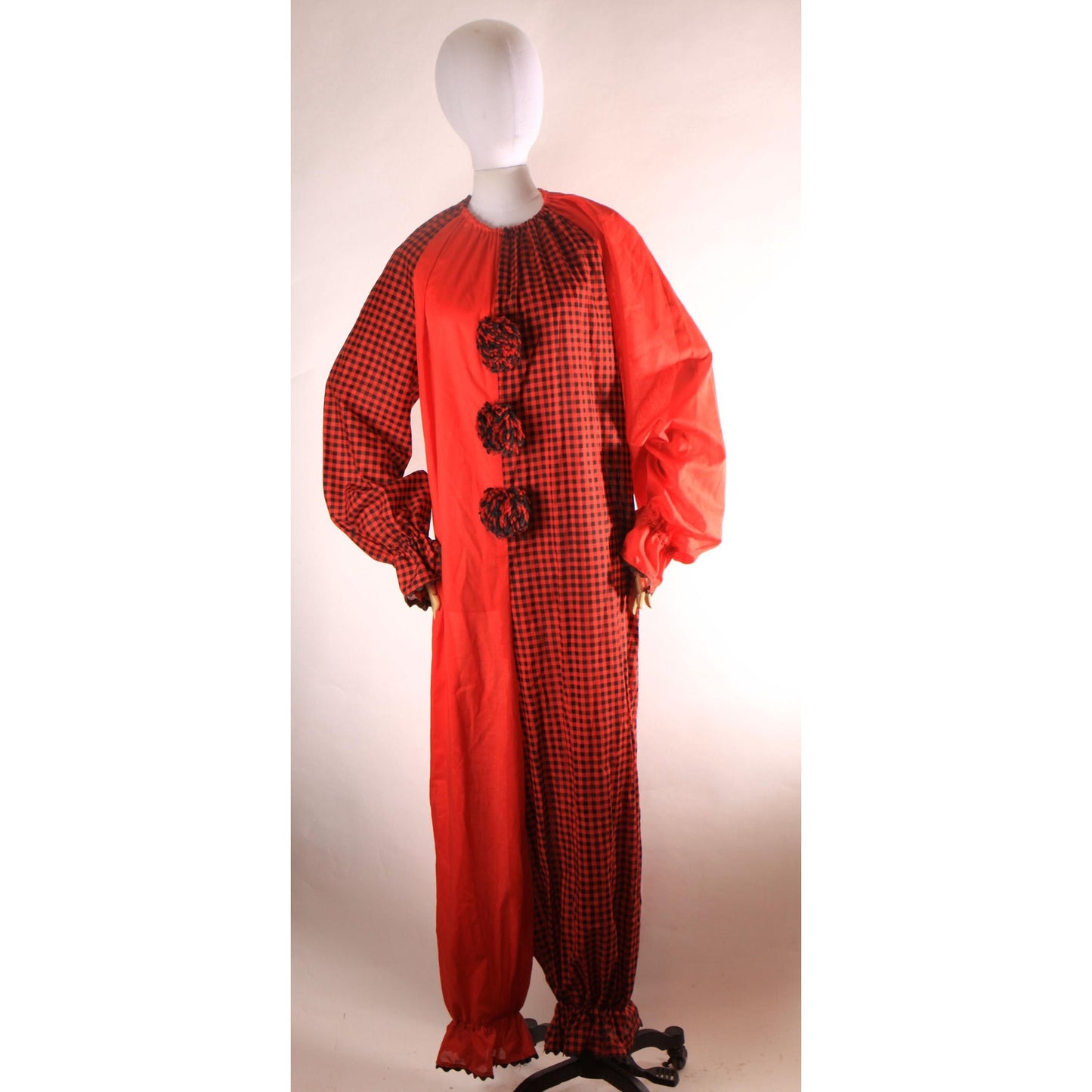 1970s Red and Black Plaid One Piece Pom Pom Halloween Clown Costume