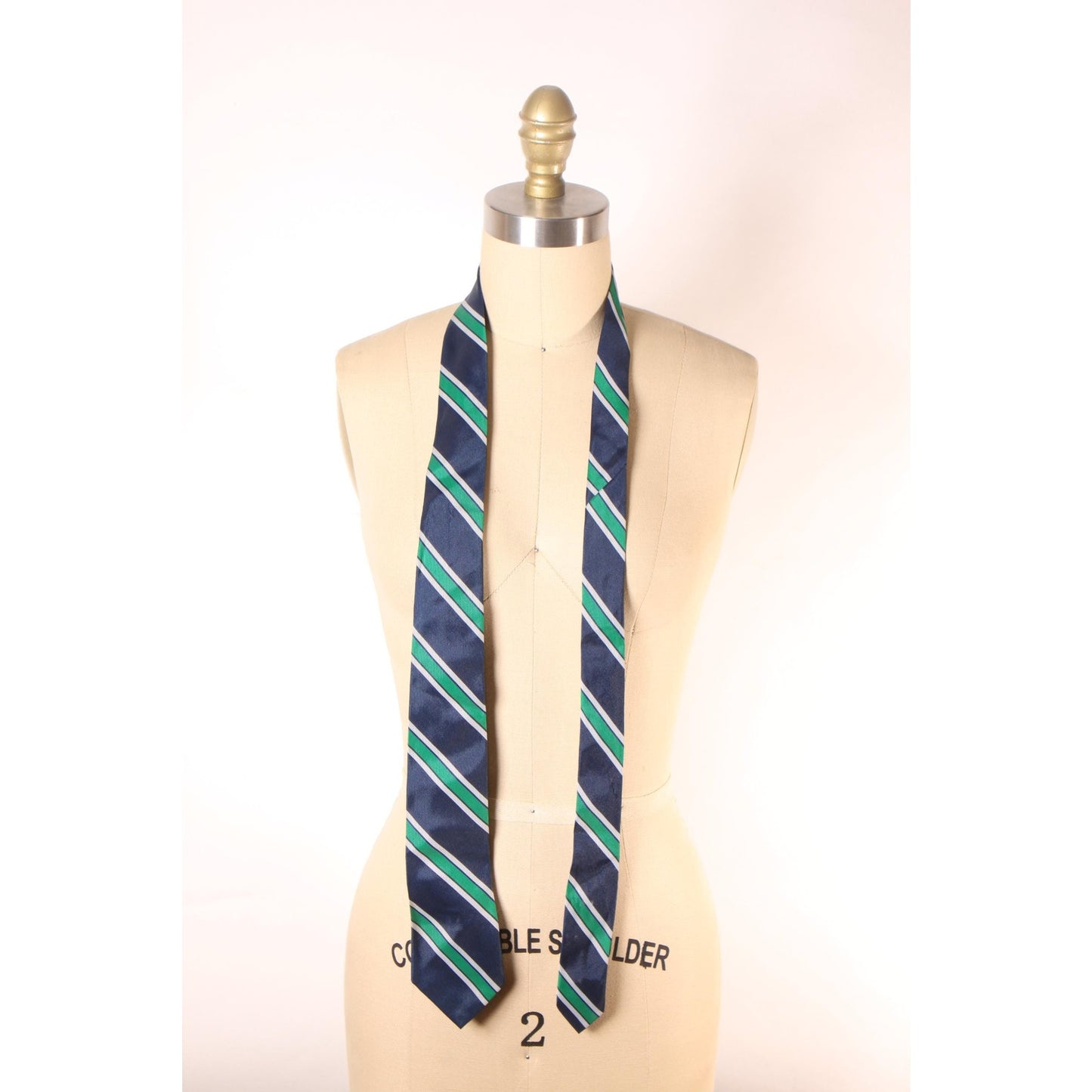1970s Navy Blue and Green Striped Necktie Tie