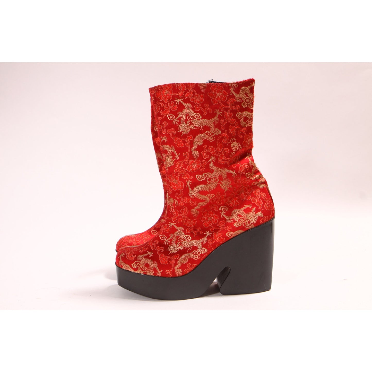 1990s Red, Gold and Black Satin Chinese Dragon Funky Platform High Heel Boots by Scibba -9M