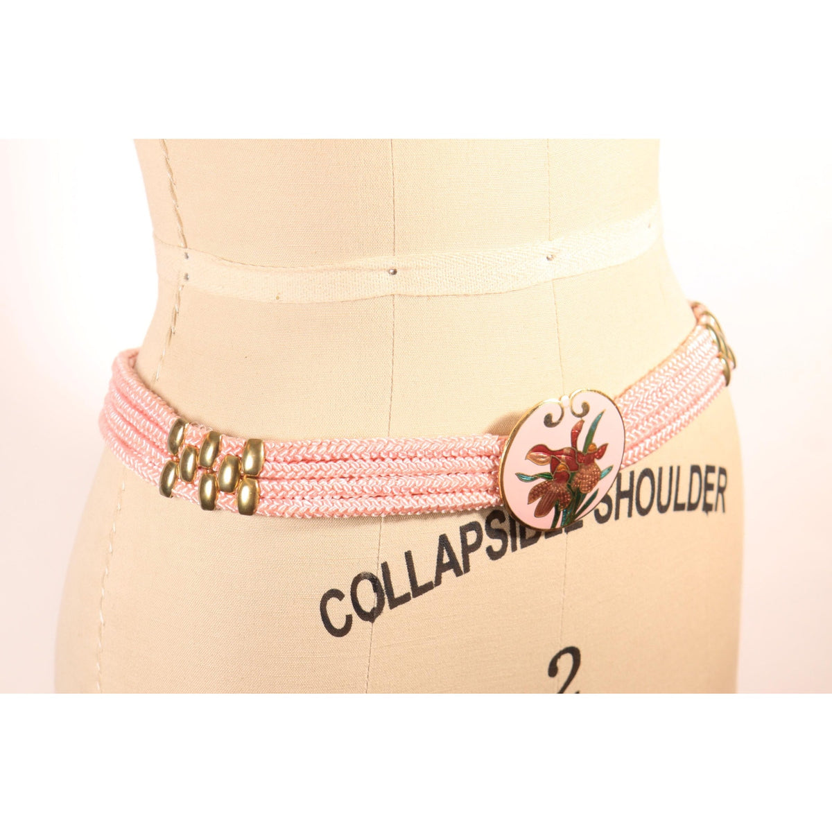 1980s Light Pink Floral Enamel Stretch Brass Detail Belt by Yen