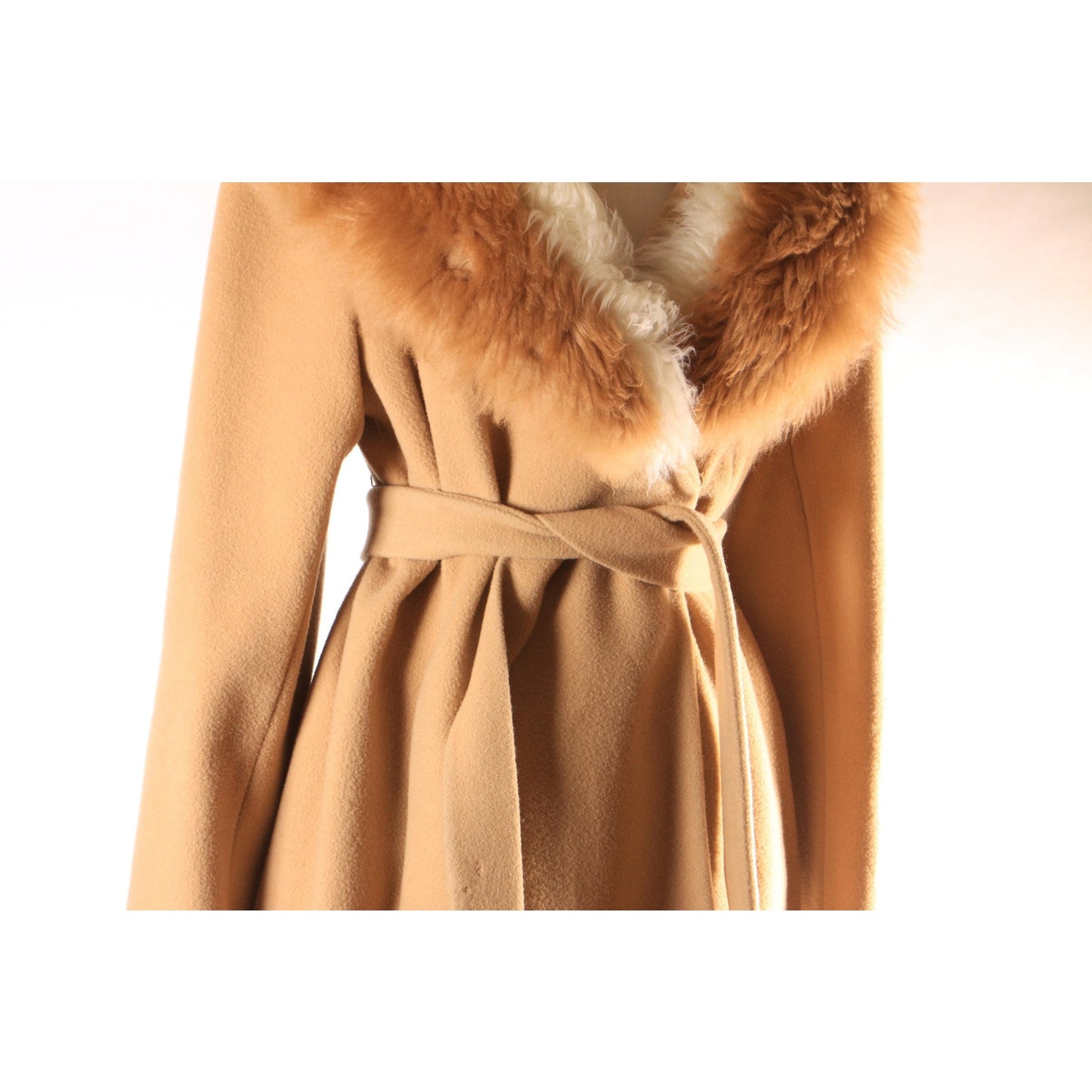 Early 1960s Brown and Cream Shearling Fur Trim Collar and Hem Wrap Princess Coat by Youthcraft