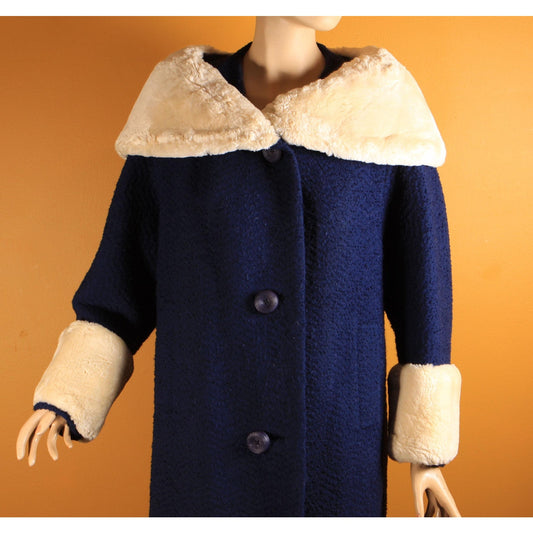 1950s Blue Long Sleeve Cream Sheared Chinchilla Fur Cuff and Collar Coat by Adler's and Jeshiva -XL