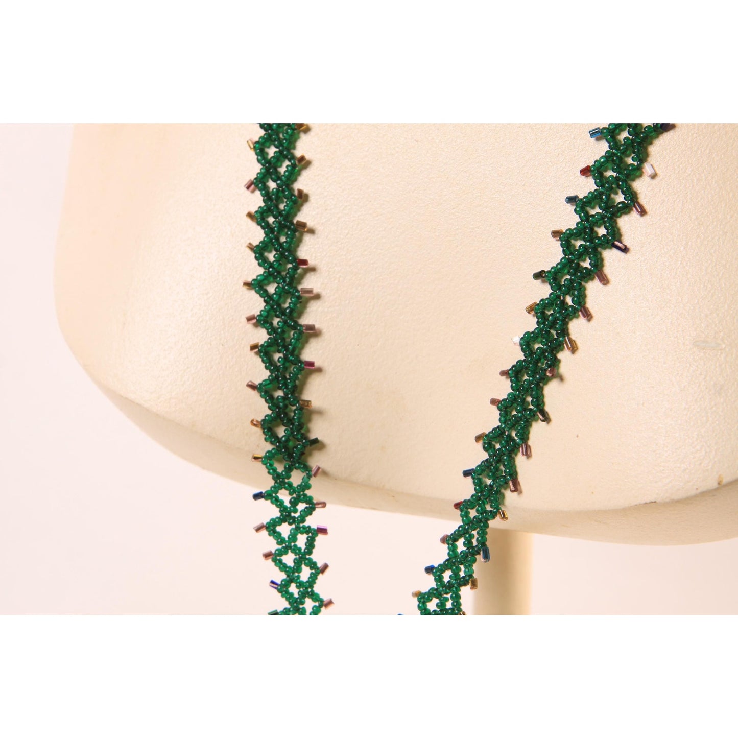 1920s Dark Green Glass Beaded Tassel Fringe Flapper Necklace
