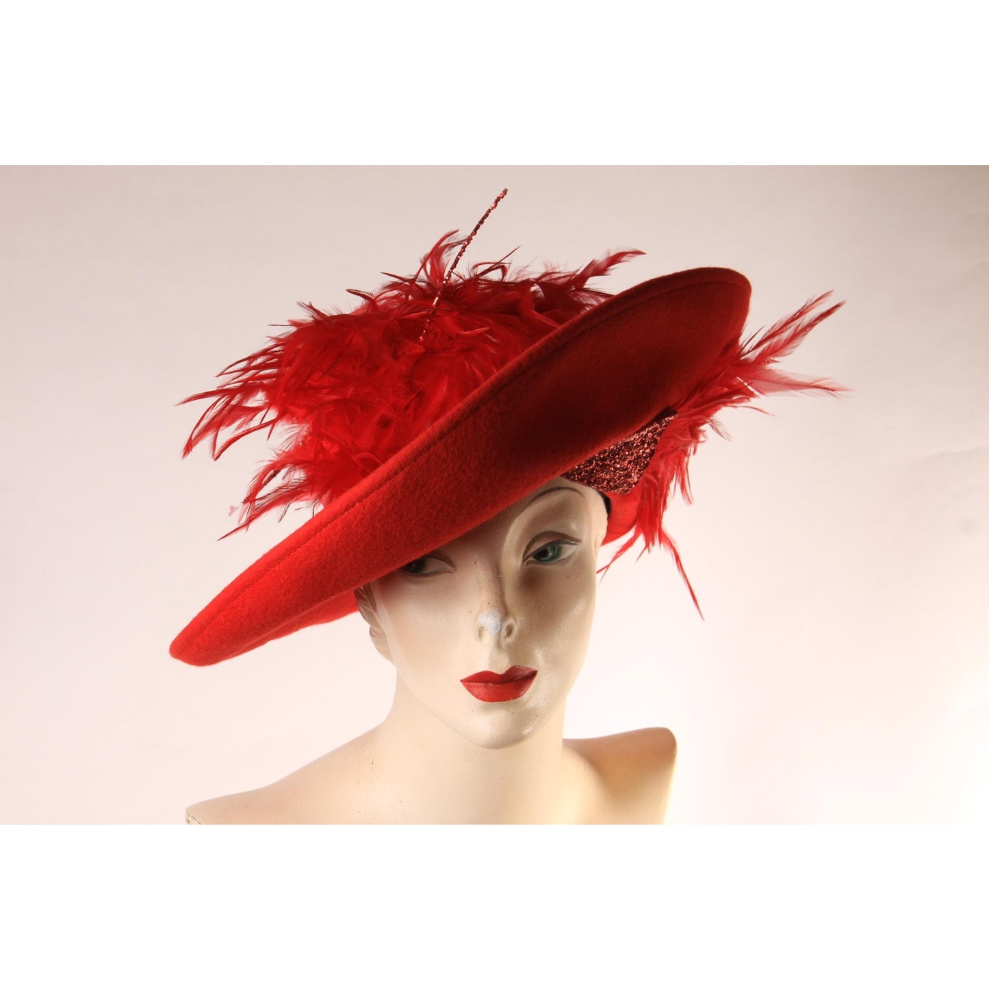1980s Red Wool Felt Wide Brim Glitter and Feather Avant Garde Formal Hat by Deborah Fashions