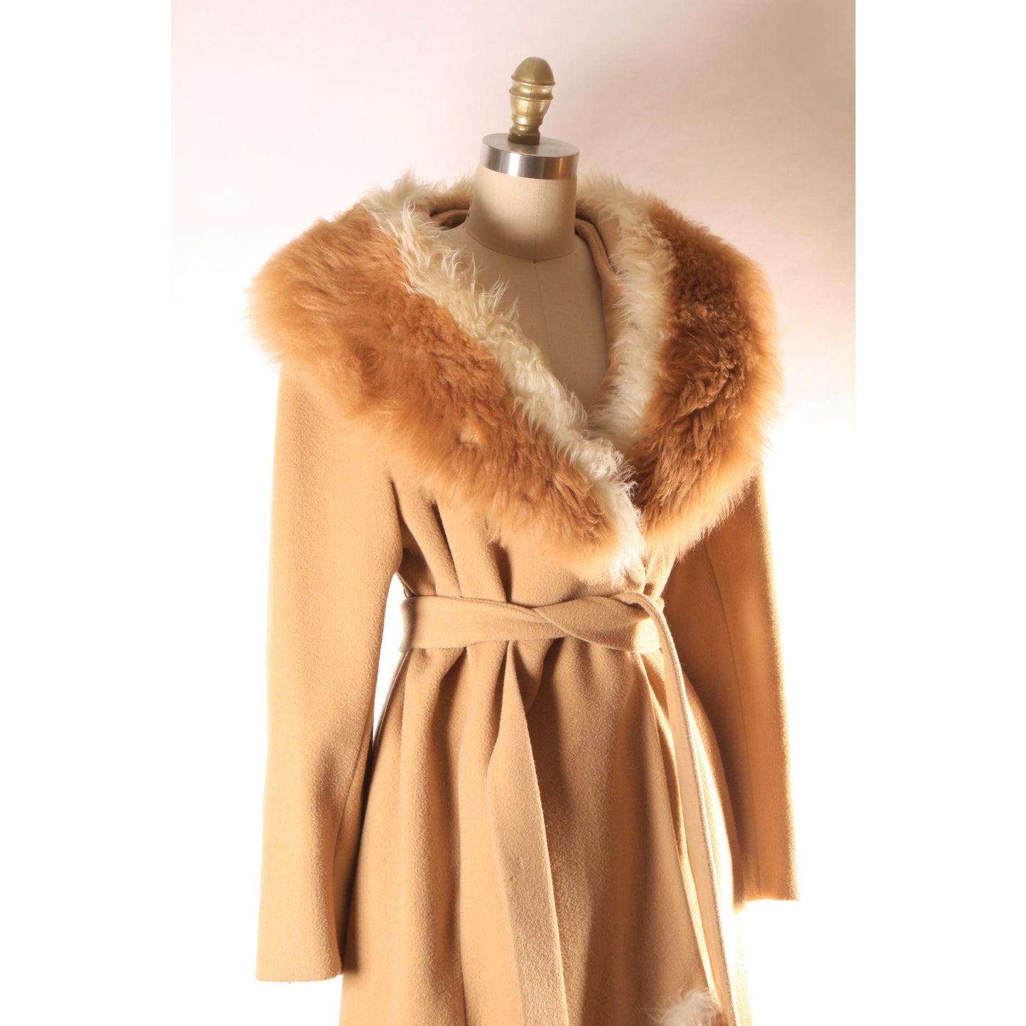 Early 1960s Brown and Cream Shearling Fur Trim Collar and Hem Wrap Princess Coat by Youthcraft