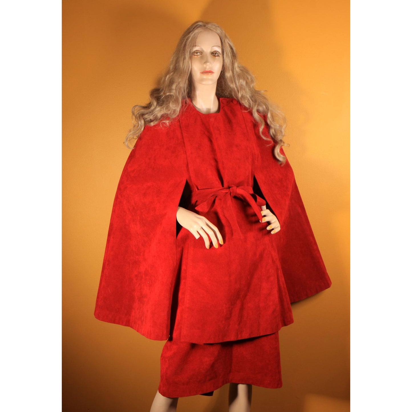 1970s Dark Red Microsuede Belted Cape with Matching Skirt Two Piece Outfit Skirt Suit -XL