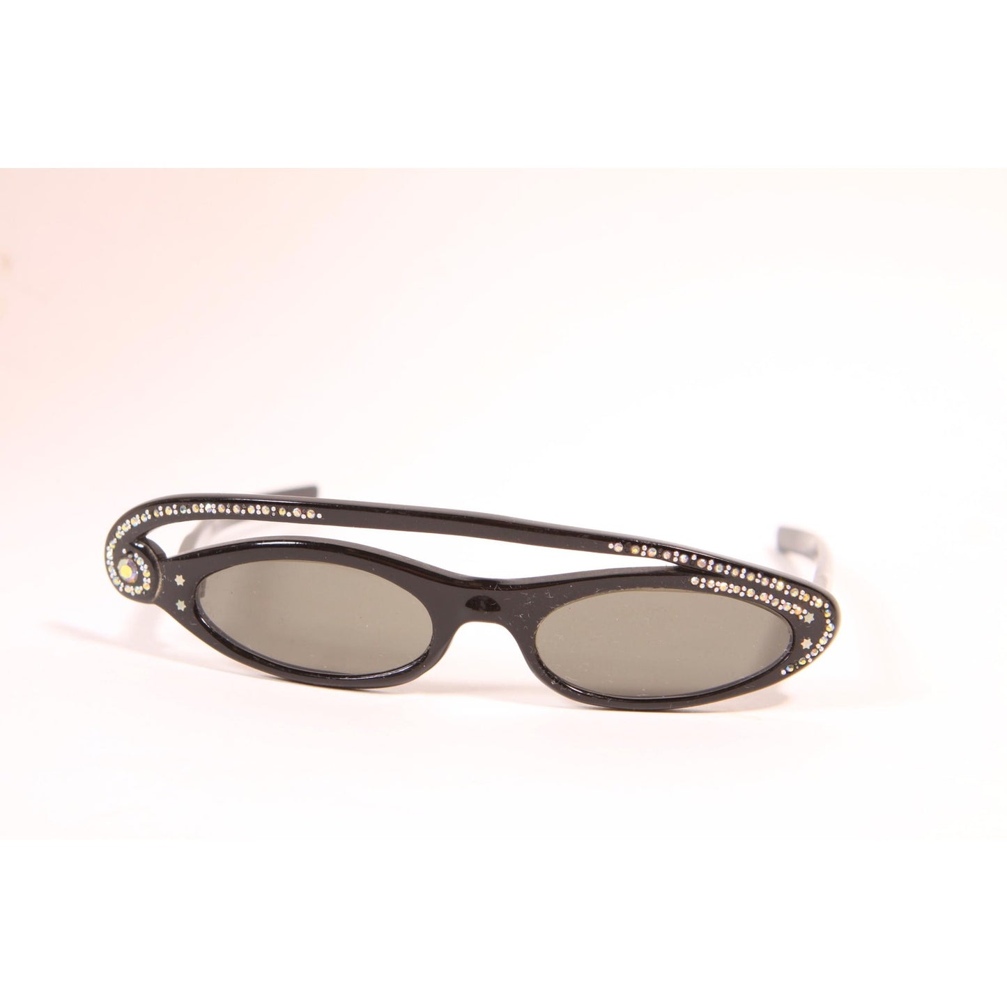 1950s Black and Silver Rhinestone Novelty Swirl Star France Cat Eye Sunglasses